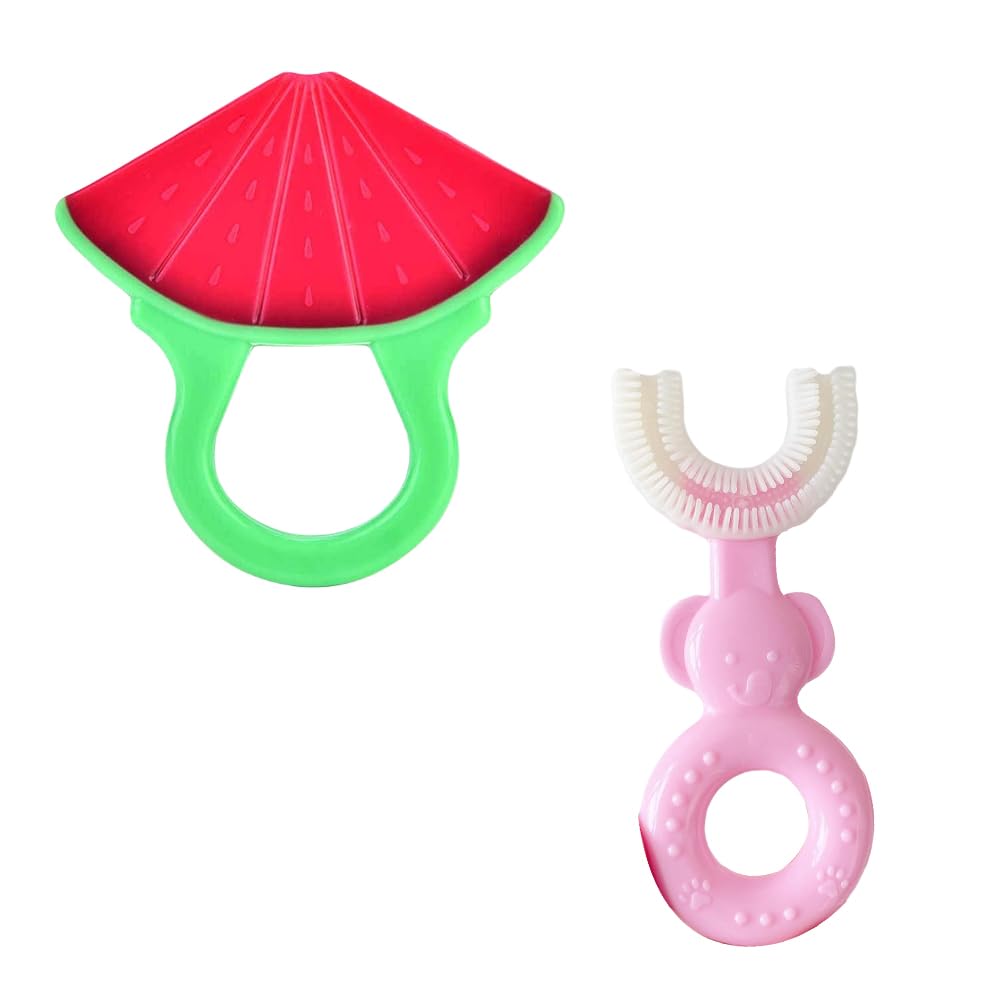 Joy Buzz Fruits Teether & U Shape Toothbrush - BPA-Free Silicone Baby Teething Toy & Toothbrush for Infants 6+ Months | Soft, Safe Oral Care for Teething Babies | Perfect for Soothing Sore Gums & Early Dental Hygiene (Red-Watermelon & Pink) | Great for Home, Travel & Daycare Use