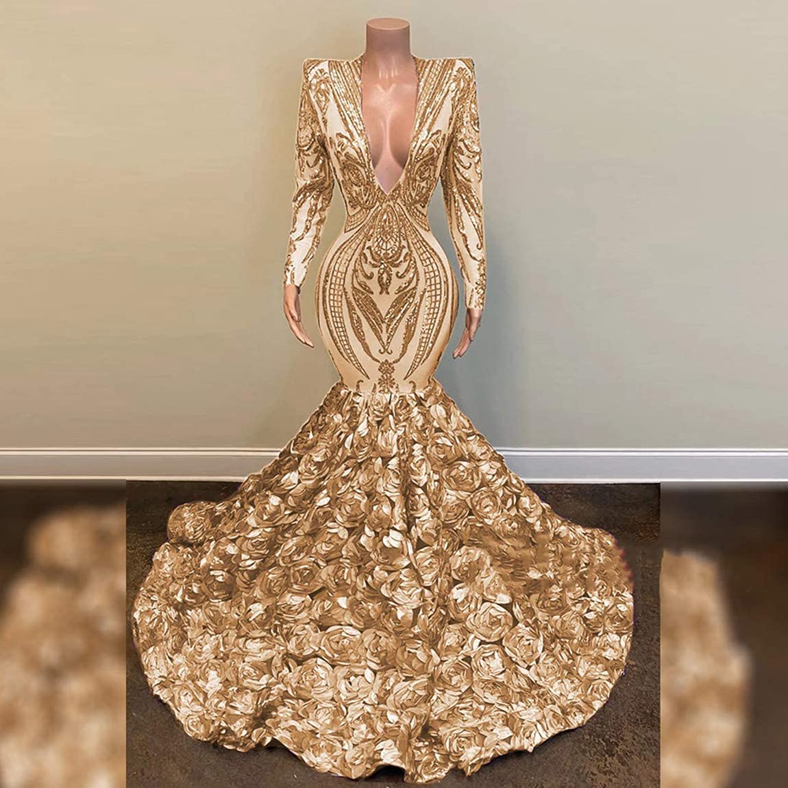 Elegant Women's V-Neck Mermaid Prom Dress with Long Sleeves Lace & Sequin - Formal Ball Gown for Pageant, Homecoming, Wedding Party & Special Occasions