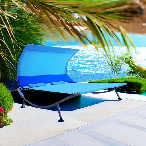 Outdoor Double Chaise Lounge Bed with Canopy & Headrest Pillow - Portable Patio Daybed with Wheels for Deck, Garden, Poolside, Sunroom & Indoor Use - Perfect for Relaxing, Sunbathing & Lounging (Blue)