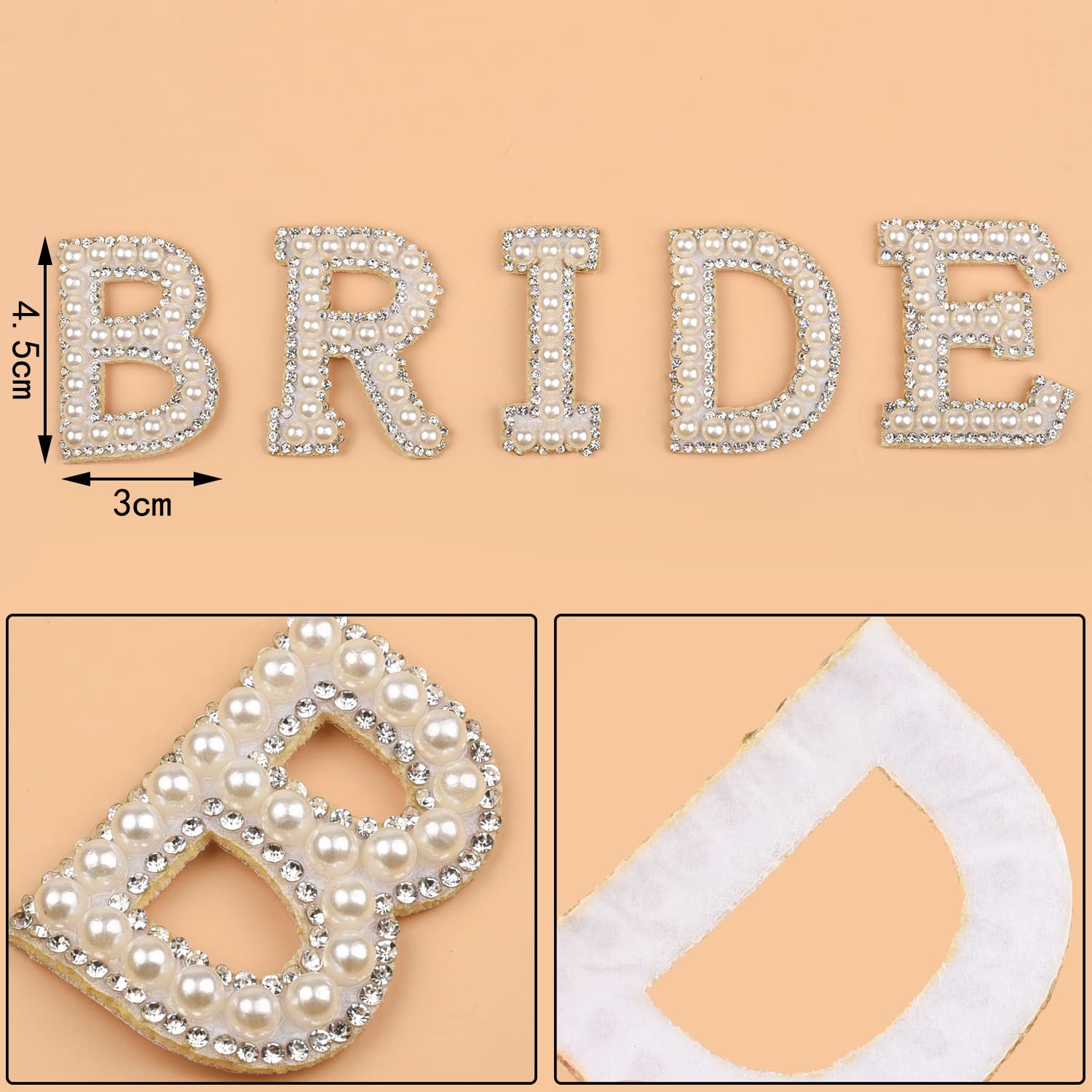 NAUZE 10PCS Rhinestone Iron-On Bride Patches - Sparkling Diamond & Pearl Letter Sew-On Patches for Wedding Dresses, DIY Clothing & Crafts - Perfect for Bridal Accessories, Bachelorette Parties & Custom Apparel