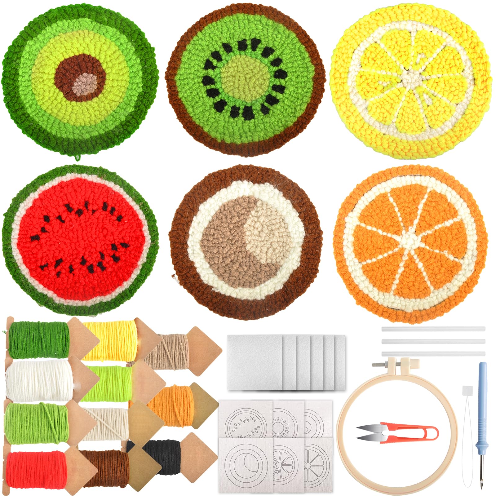 6PCS Punch Needle Coaster Kit for Beginners - DIY Embroidery Coaster Set with Adhesive Felt, Yarn & Hoop Tools - Handmade Tufted Car & Drink Coasters - Perfect for Adults & Kids Crafts, Home Decor & Gift Ideas