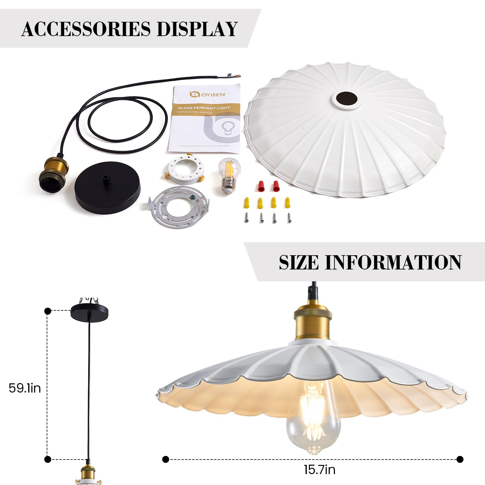White Farmhouse Pendant Lights for Kitchen Island - 15.7 Inch Adjustable Retro Lampshade with Light Cord, Perfect for Modern and Rustic Kitchen Decor