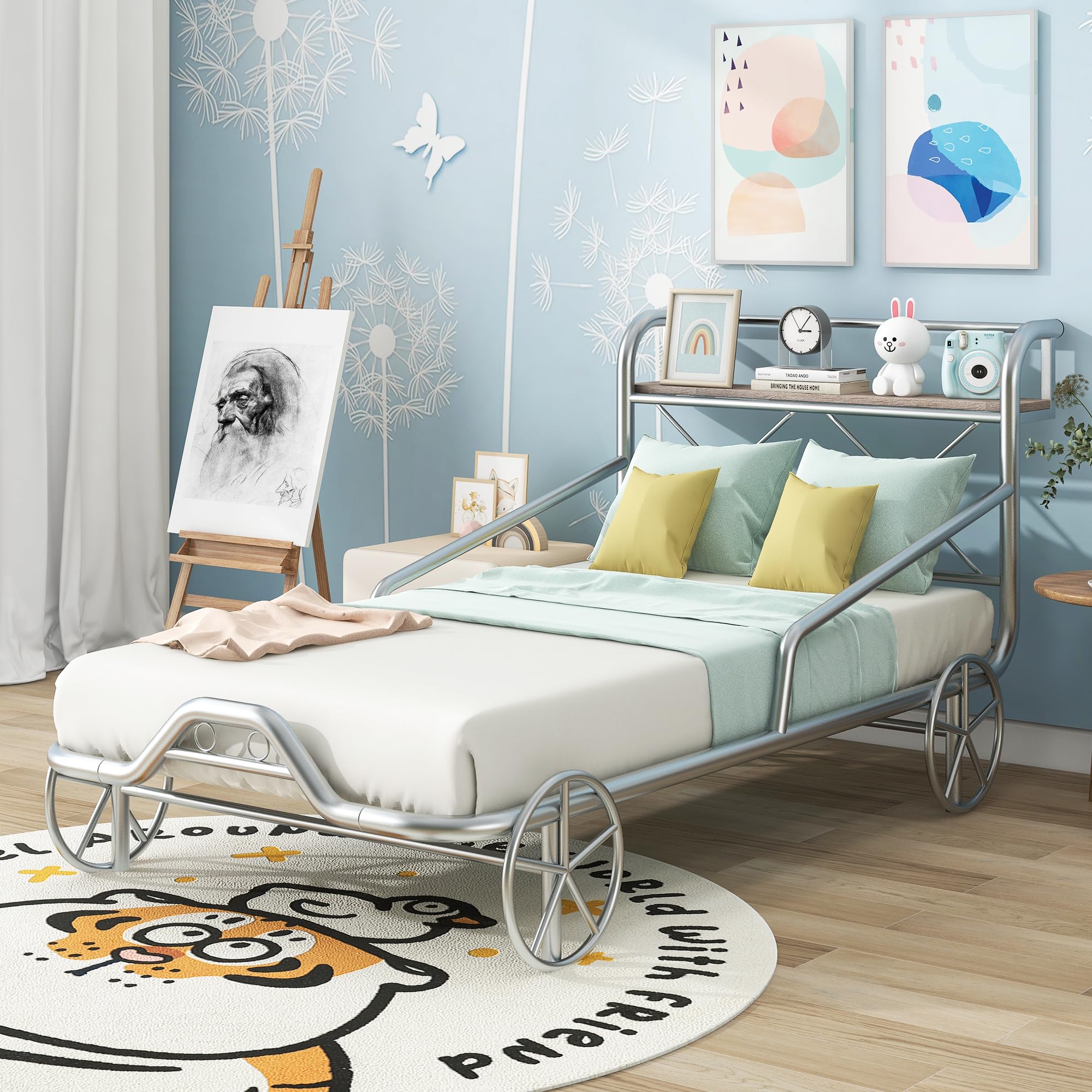 Furnicare Metal Twin Size Car Bed with 4 Wheels - X-Shaped Frame Platform Bed with Guardrails for Kids - Fun Race Car Themed Bed for Boys & Girls (Silver) - Perfect for Kids' Bedrooms, Playrooms & Themed Sleepovers