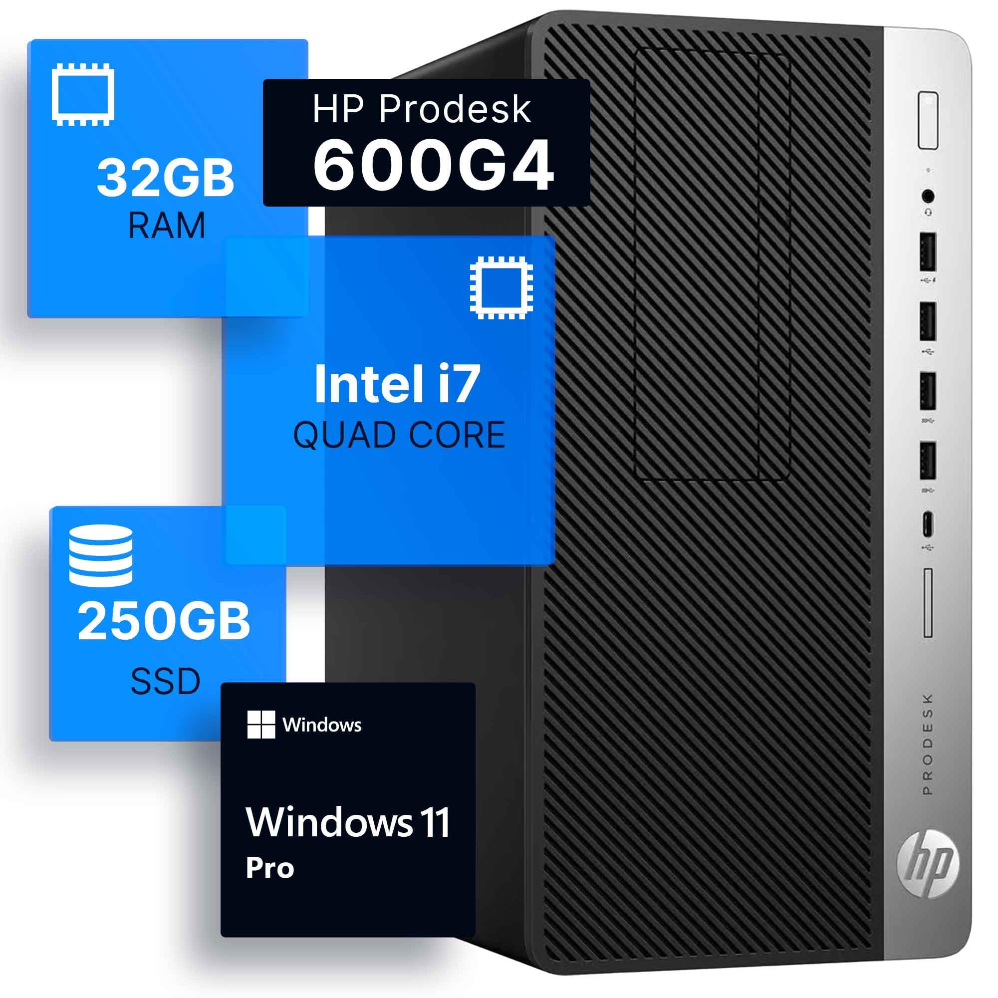 HP ProDesk 600G4 Tower Desktop Computer - Intel i7-8700 3.4GHz, 32GB DDR4 RAM, 250GB SSD, WiFi 5G & Bluetooth, Windows 11 Pro (Renewed) - Perfect for Home Office, Business Workstations & Gaming PCs