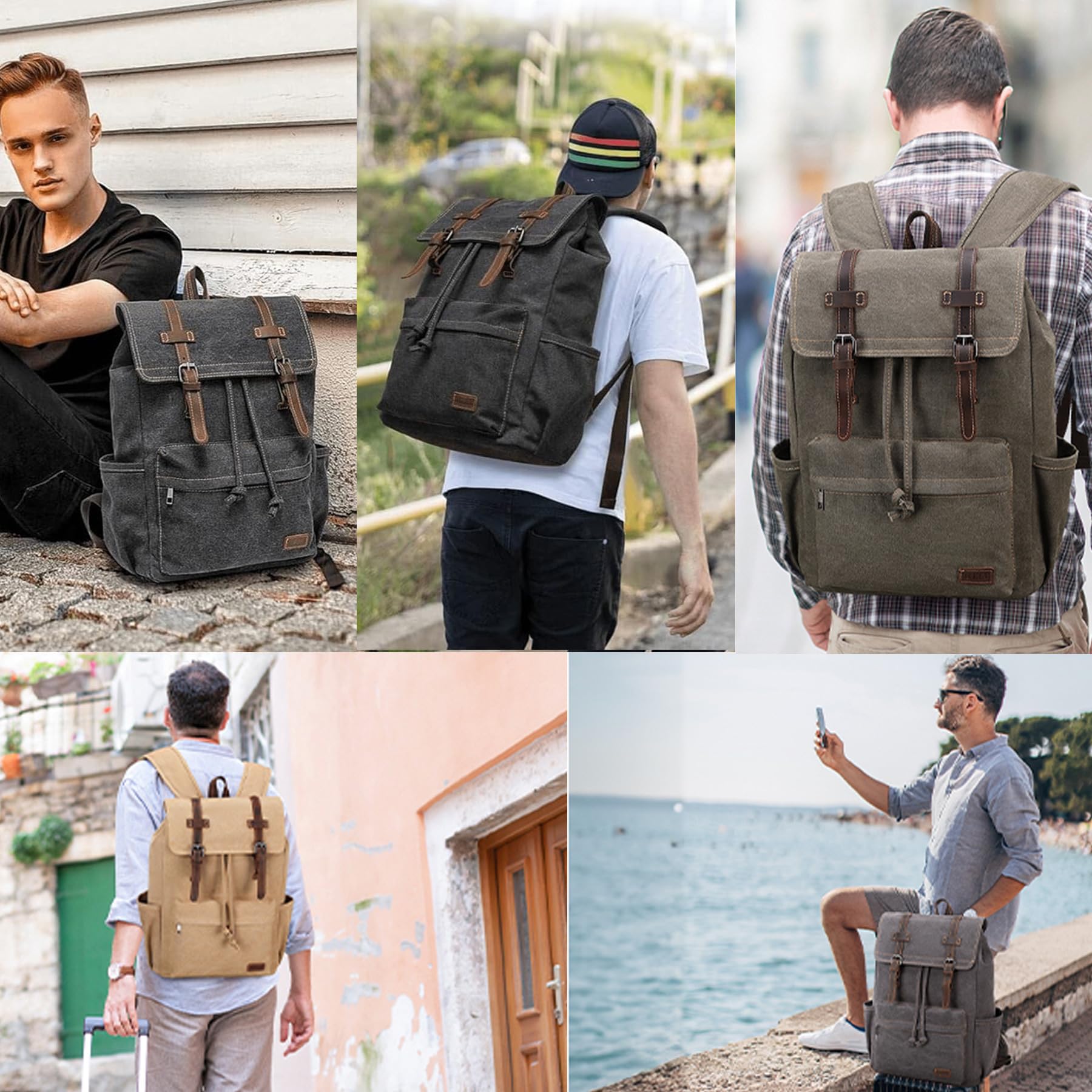 Vintage Leather Canvas Travel Backpack for Men - Waterproof Laptop Backpack with Multiple Pockets & 12.9 Inch Laptop Compartment - Perfect for College, Business Trips & Daily Commute (Grey)
