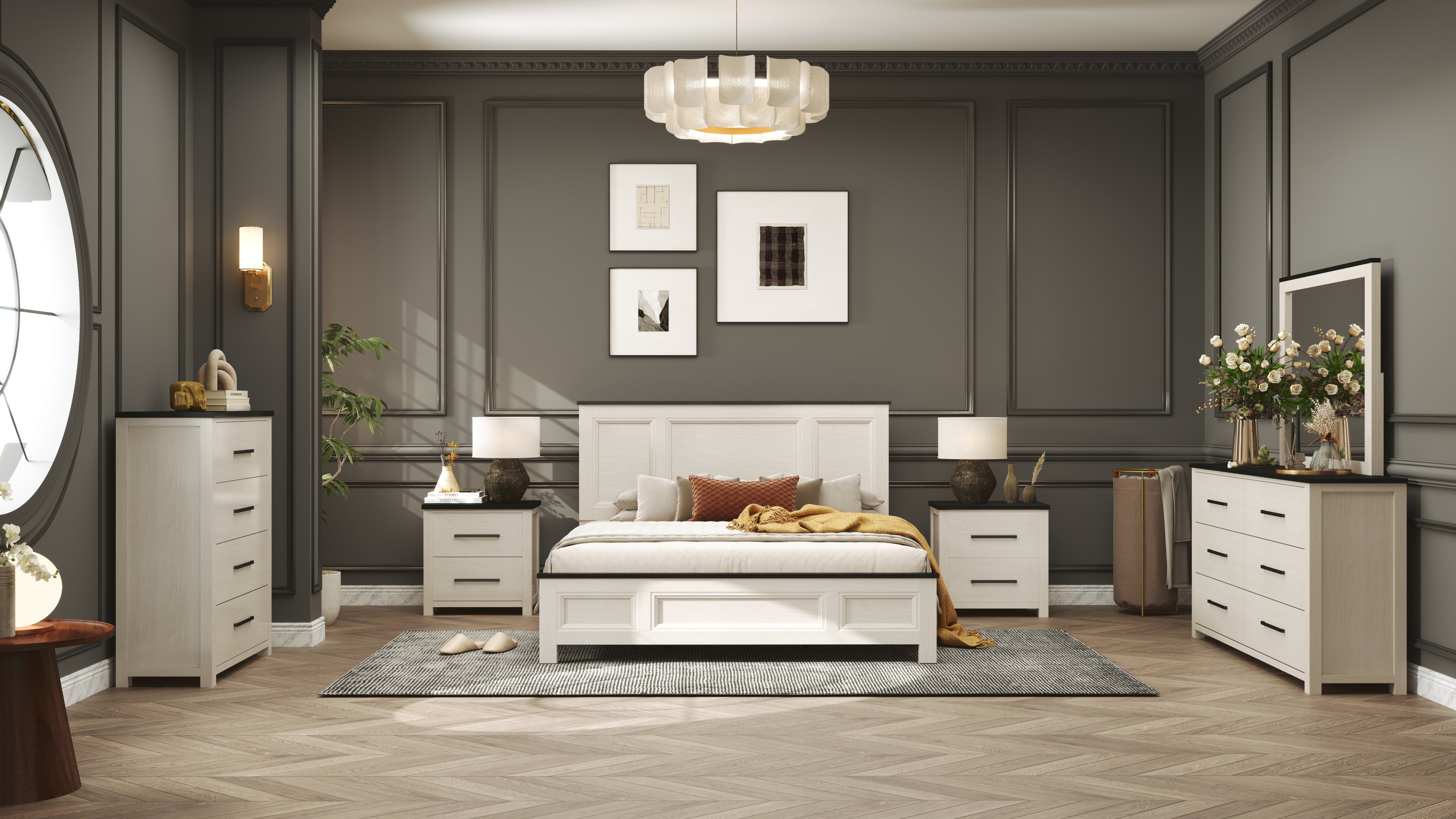 Roundhill Furniture Realynn Wood Bedroom Collection - Queen Size Bed Frame, Nightstand & Dresser Set in Off White Finish | Modern Farmhouse Style for Master Bedroom & Guest Room Decor