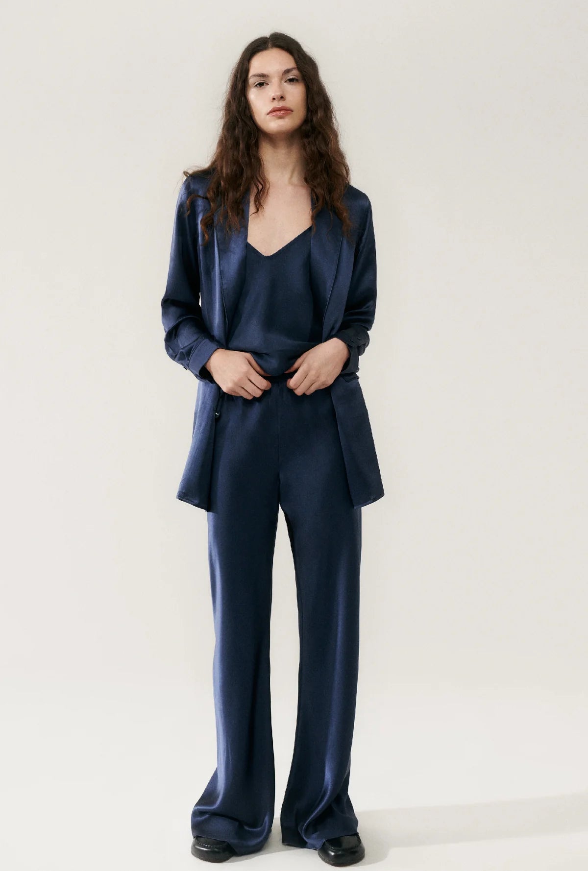 Bias Cut Pants for Women - High Waist Midnight Blue Wide Leg Trousers for Office, Casual & Evening Wear