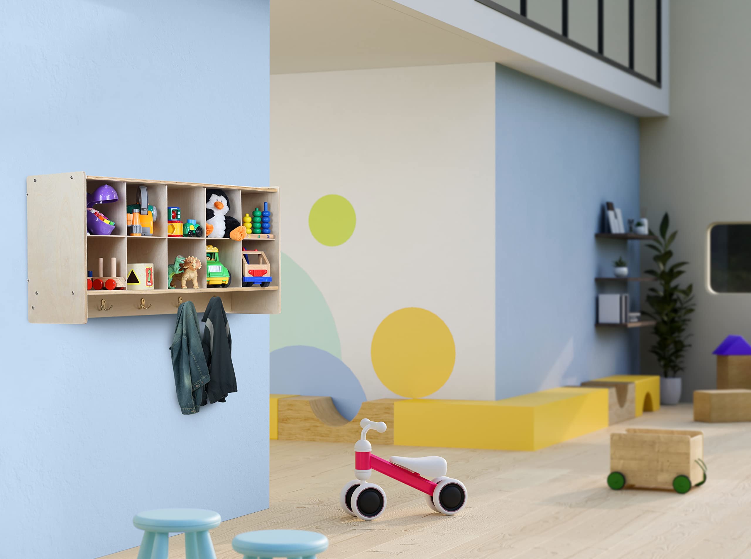10-Section Wall Mounted Storage Cabinet with Yellow Bins | 100% Birch Plywood Classroom Organizer | Perfect for Preschool Cubbies, Toy Storage & Home Organization