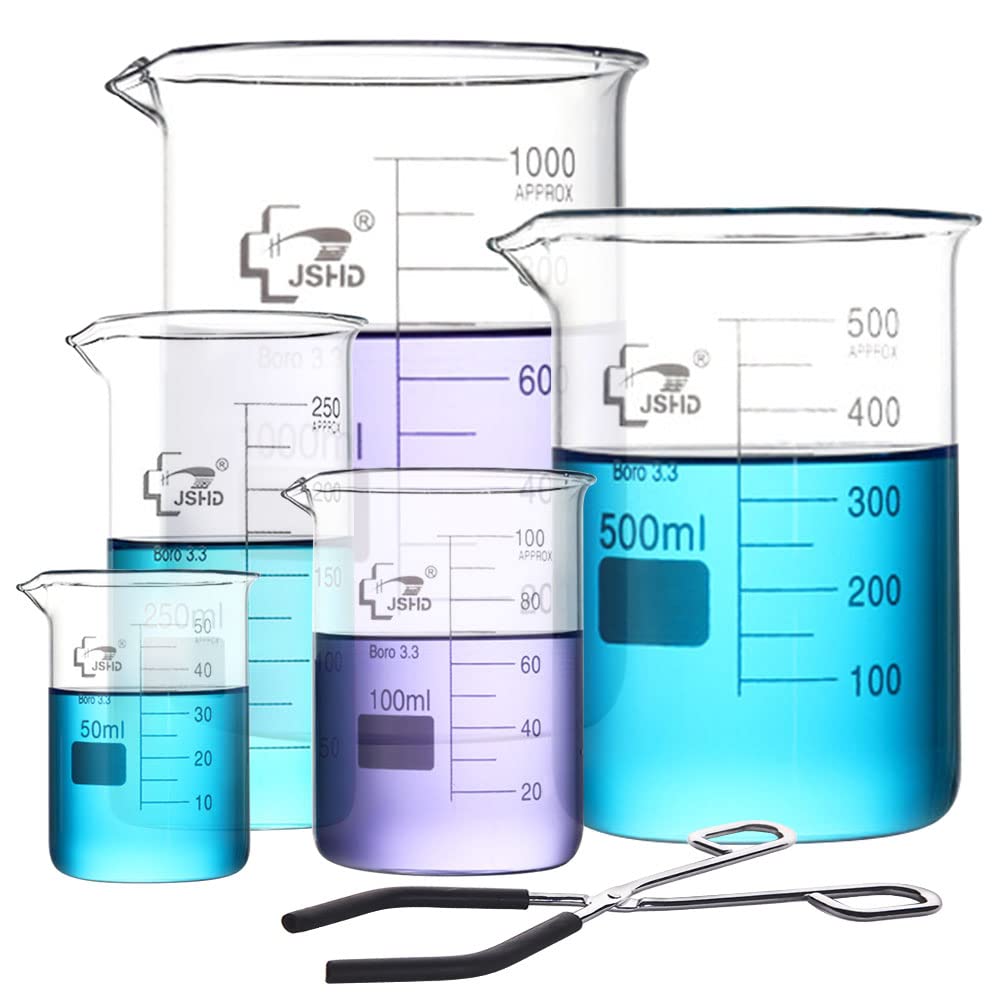 6PCS Borosilicate Glass Measuring Beaker Set (50ml 100ml 250ml 500ml 1000ml) with Steel Chromed Tongs - Lab Grade 3.3 Glass Beakers for Chemistry Experiments, Kitchen Measuring & Science Classrooms