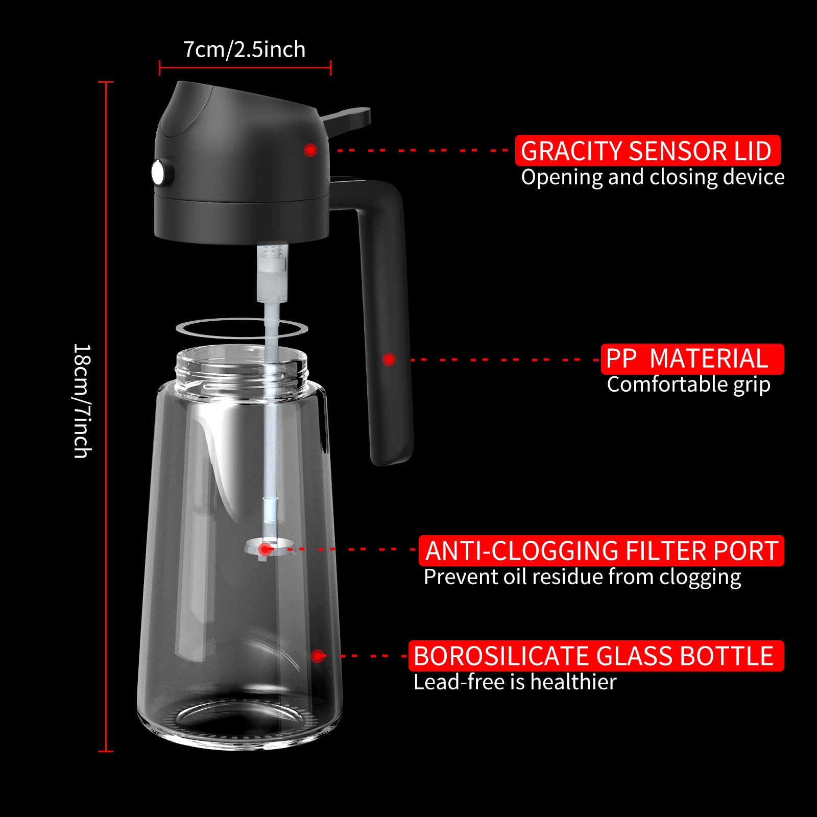 2-in-1 Premium Glass Oil Dispenser & Sprayer - 16oz Food Grade Olive Oil Bottle for Kitchen, Air Fryer, Frying, Salad, BBQ - Leakproof Oil Mister for Healthy Cooking & Baking (Black)