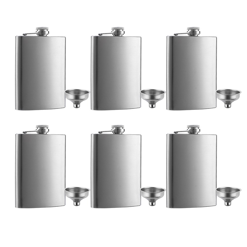 6-Pack 8 oz Stainless Steel Hip Flask with Funnel Set by QLL - Leakproof & Durable for Whiskey, Vodka, Bourbon - Perfect for Outdoor, Camping, Travel & Gifts