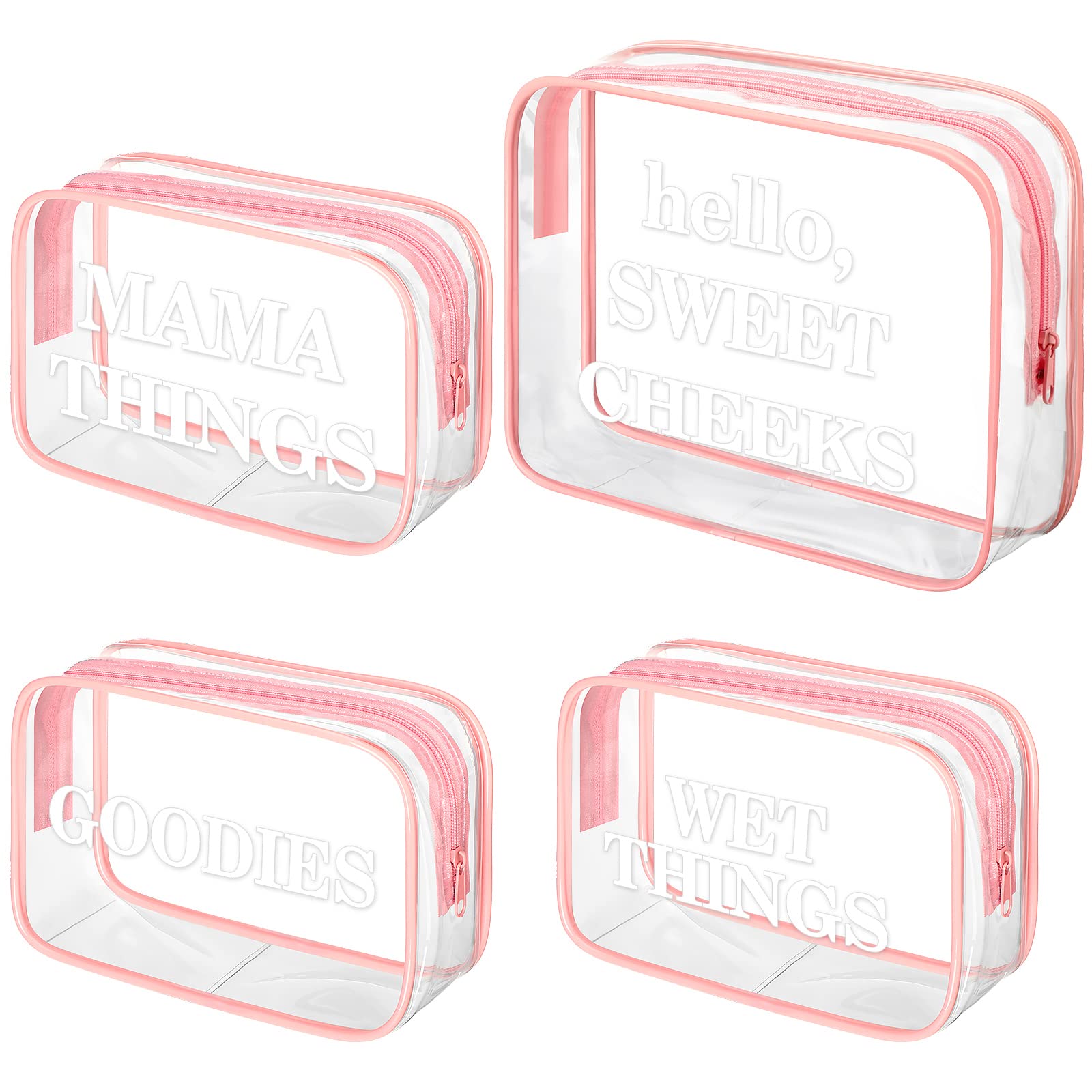 4 Pack Clear PVC Diaper Bag Organizer Pouches Set - Waterproof Zippered Travel & Makeup Storage Bags for Baby Essentials (Pink, White) - Perfect for Daycare, Travel & On-the-Go Parents