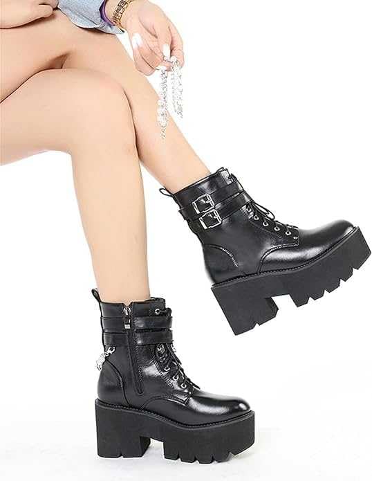 Women's Chunky Heel Combat Ankle Boots - Lace Up & Zipper Platform Booties with Studded Details | Black Motorcycle Fashion Boots for Casual Wear, Night Out & Biker Style