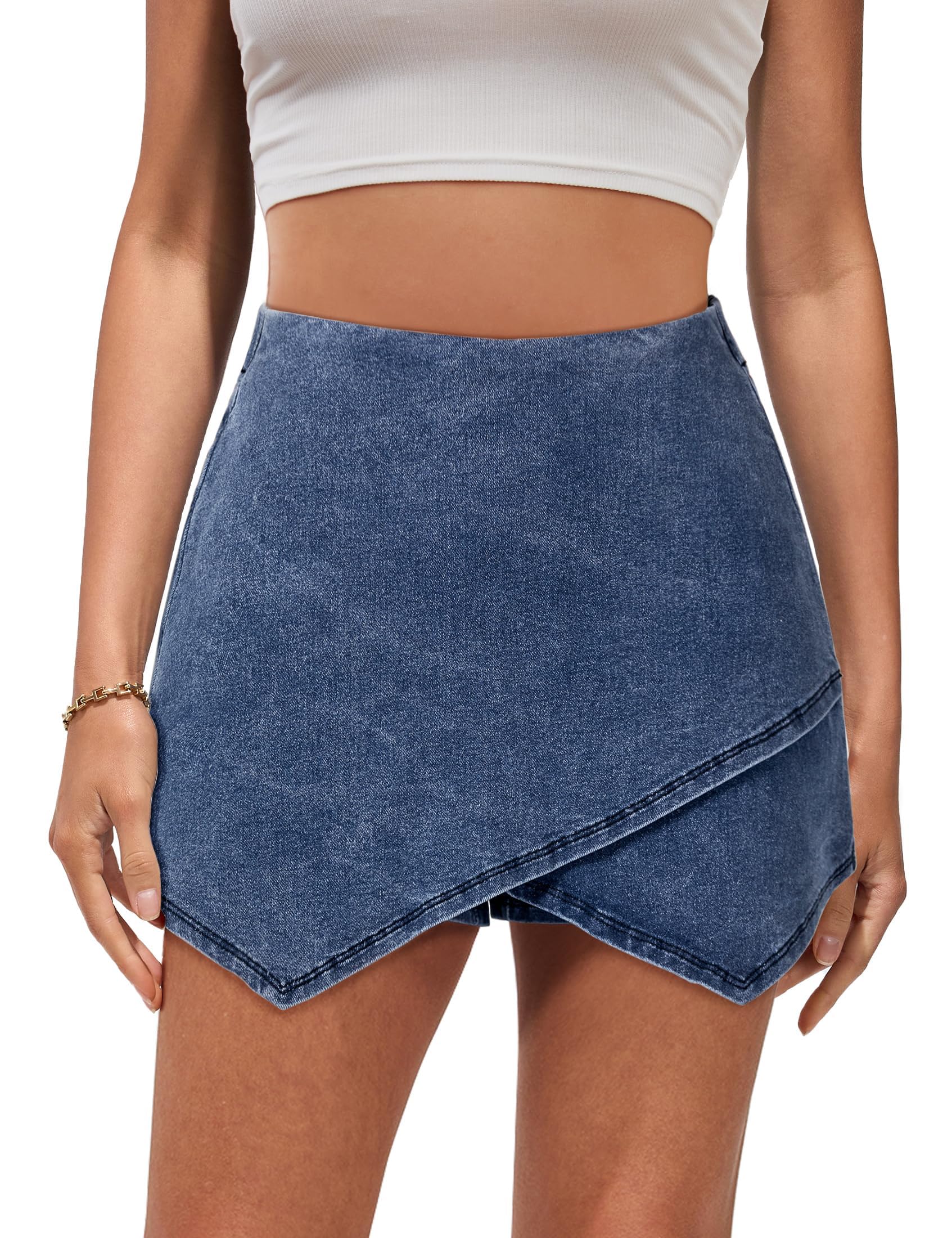 Luvamia High Waisted Jean Skorts for Women - Stretchy Pull On Denim Wrap Skirt with Built-in Shorts, Trendy Asymmetrical Design | Perfect for Casual Outings, Summer Vacations and Office Wear