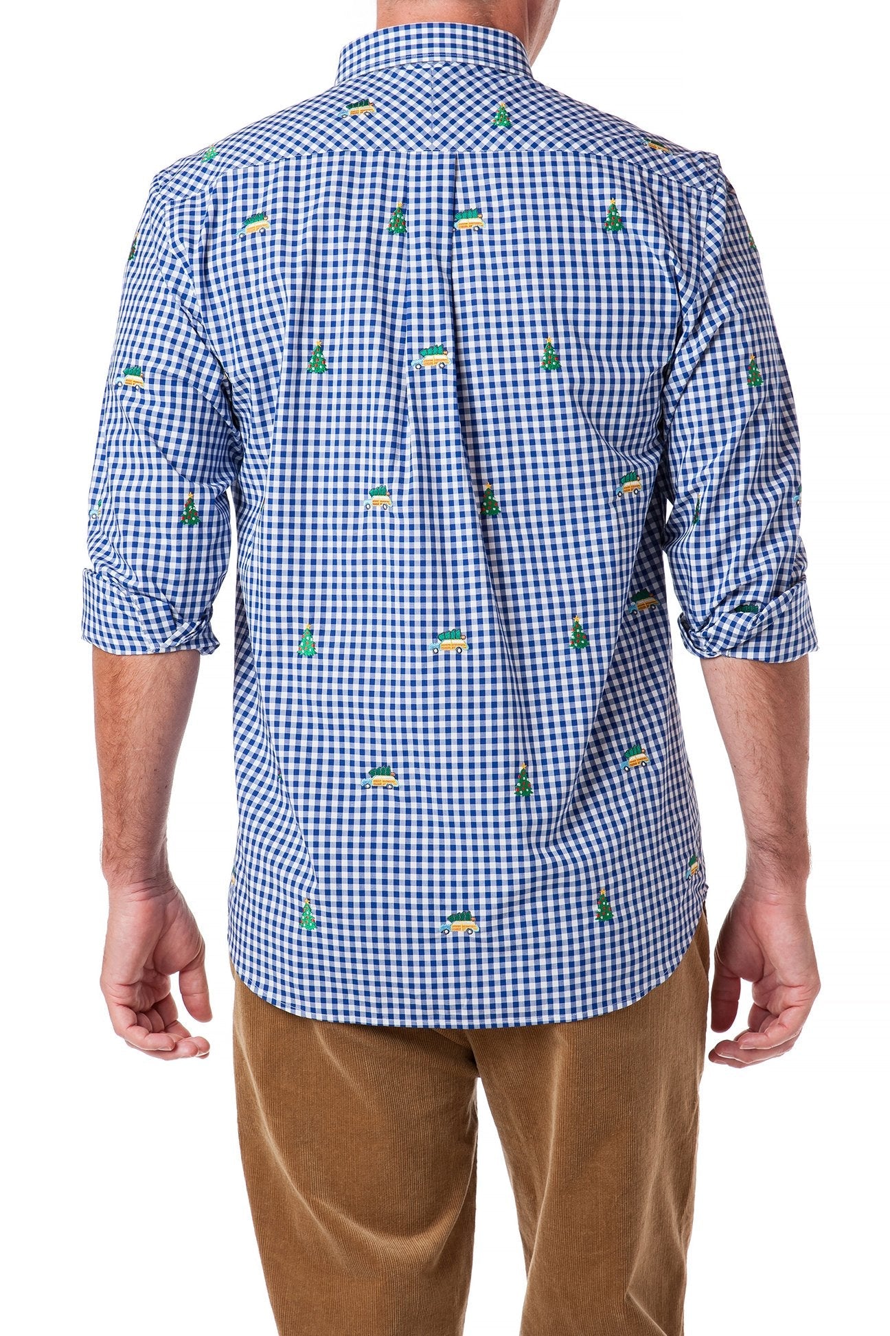 Straight Wharf Shirt Wide Gingham Royal Blue with Woody and Christmas Tree Print - Casual Button Down Shirt for Men - Perfect for Holiday Parties, Christmas Gatherings and Festive Office Wear
