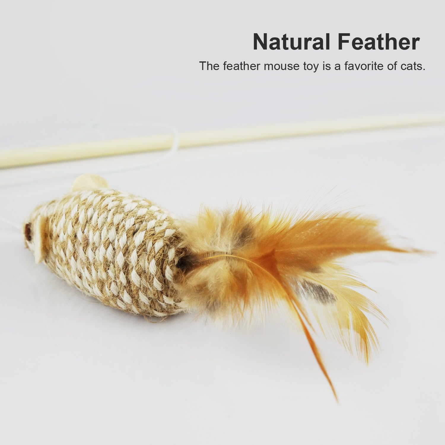 Natural Wood Cat Wand Toy with Feather Mice - Interactive Kitten Toy for Indoor Cats to Play, Chase & Exercise - Perfect for Playtime & Bonding with Your Feline Friend