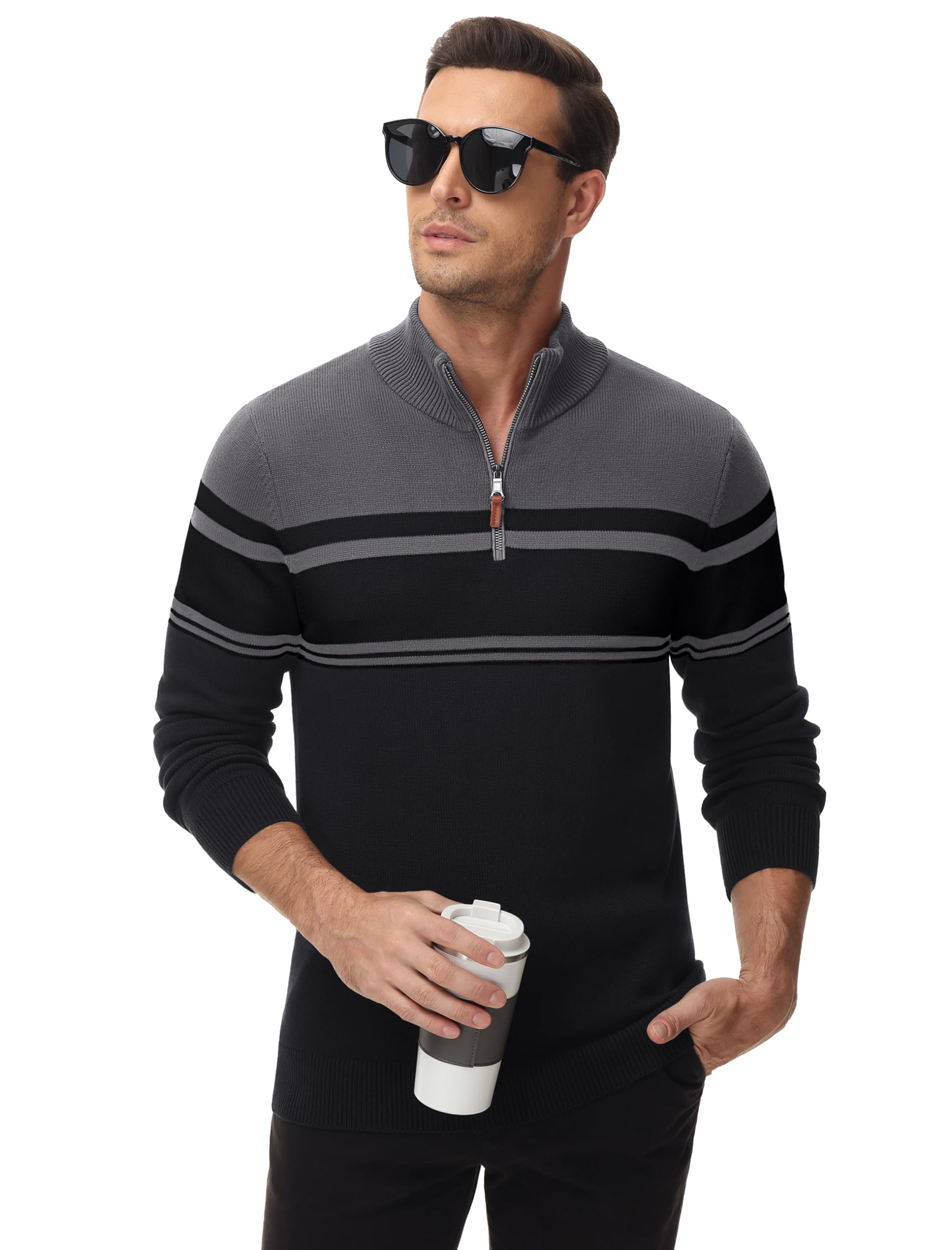 **MAGCOMSEN Men's 1/4 Zip Cotton Sweater Pullover - Striped Polo Sweater for Fall & Winter | Warm Casual Sweatshirt for Outdoor & Office Wear**