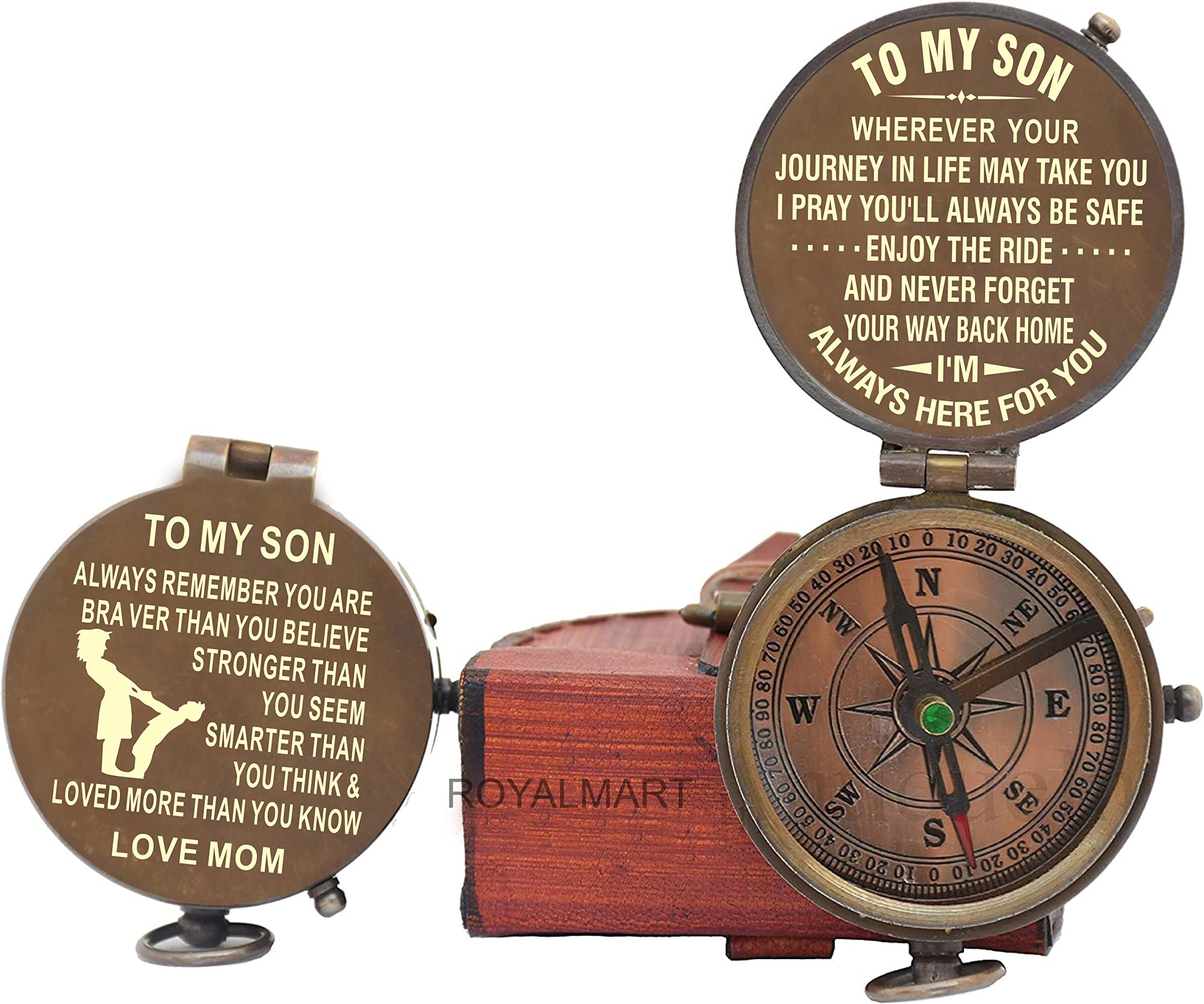 Royalmart Antique Brass Compass with Leather Case & Chain - Personalized Engraved Gift for Son, Graduation Present | Perfect for Outdoor Adventures, Hiking, and Special Occasions