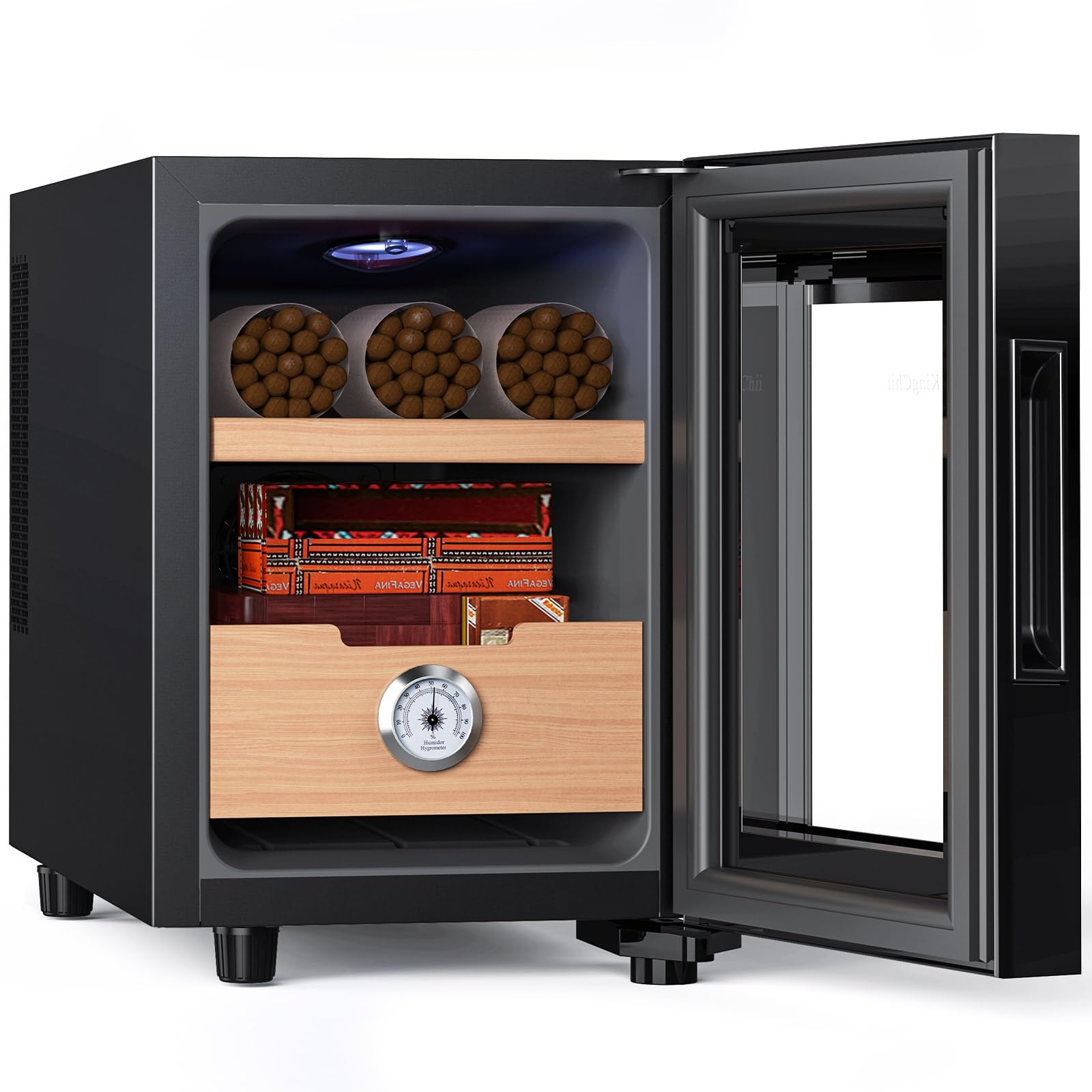 KingChii 16L Electric Cigar Humidor Cabinet with Temperature Control - Spanish Cedar Wood Shelves & Drawer Hygrometer - 100 Cigar Capacity - Perfect Gift for Men - Ideal for Home, Office & Cigar Collection Storage