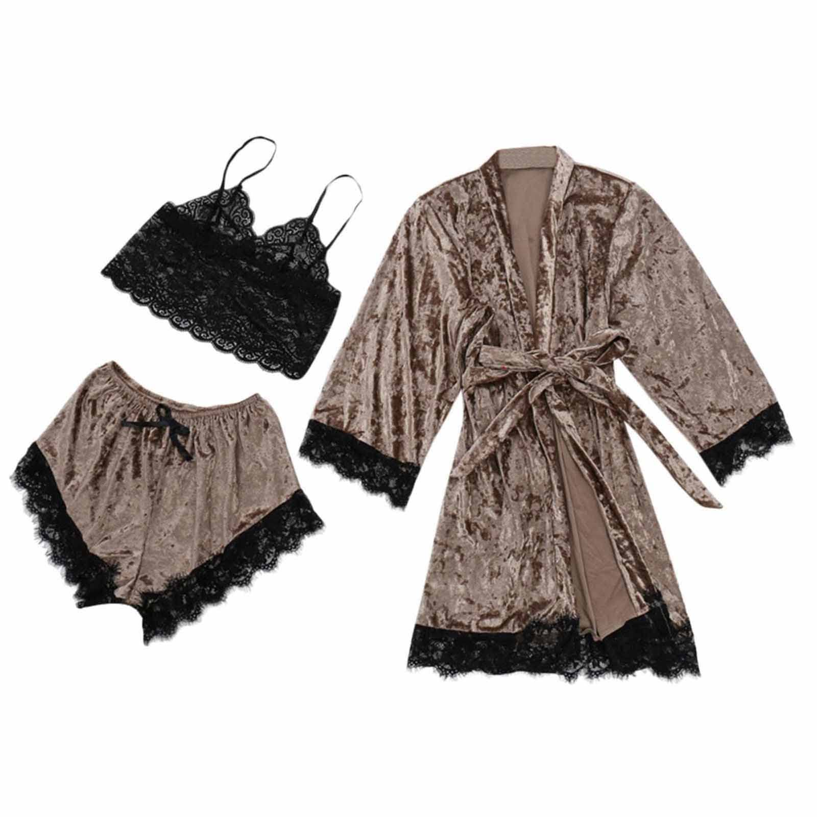 Women's Sexy Lace Trim Sleepwear Set - 2PC Velvet Cami Dress & Long Sleeve Robe Nightgown for Women, Soft Lounge Wear for Valentine's Day Gift, Anniversary Present or Romantic Nightwear