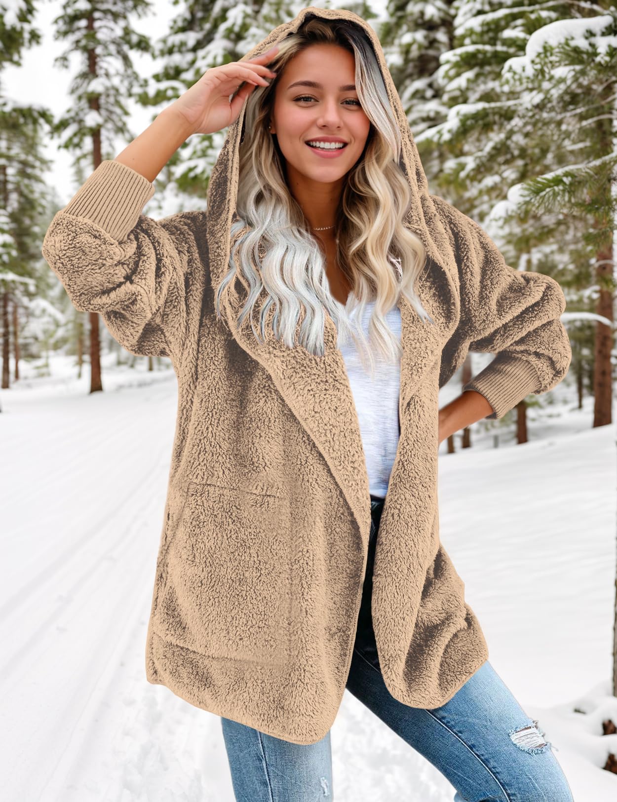 Zilcremo Women's Hooded Fuzzy Fleece Cardigan Jacket - Winter Open Front Cozy Coat with Pockets for Casual Wear & Outdoor Activities