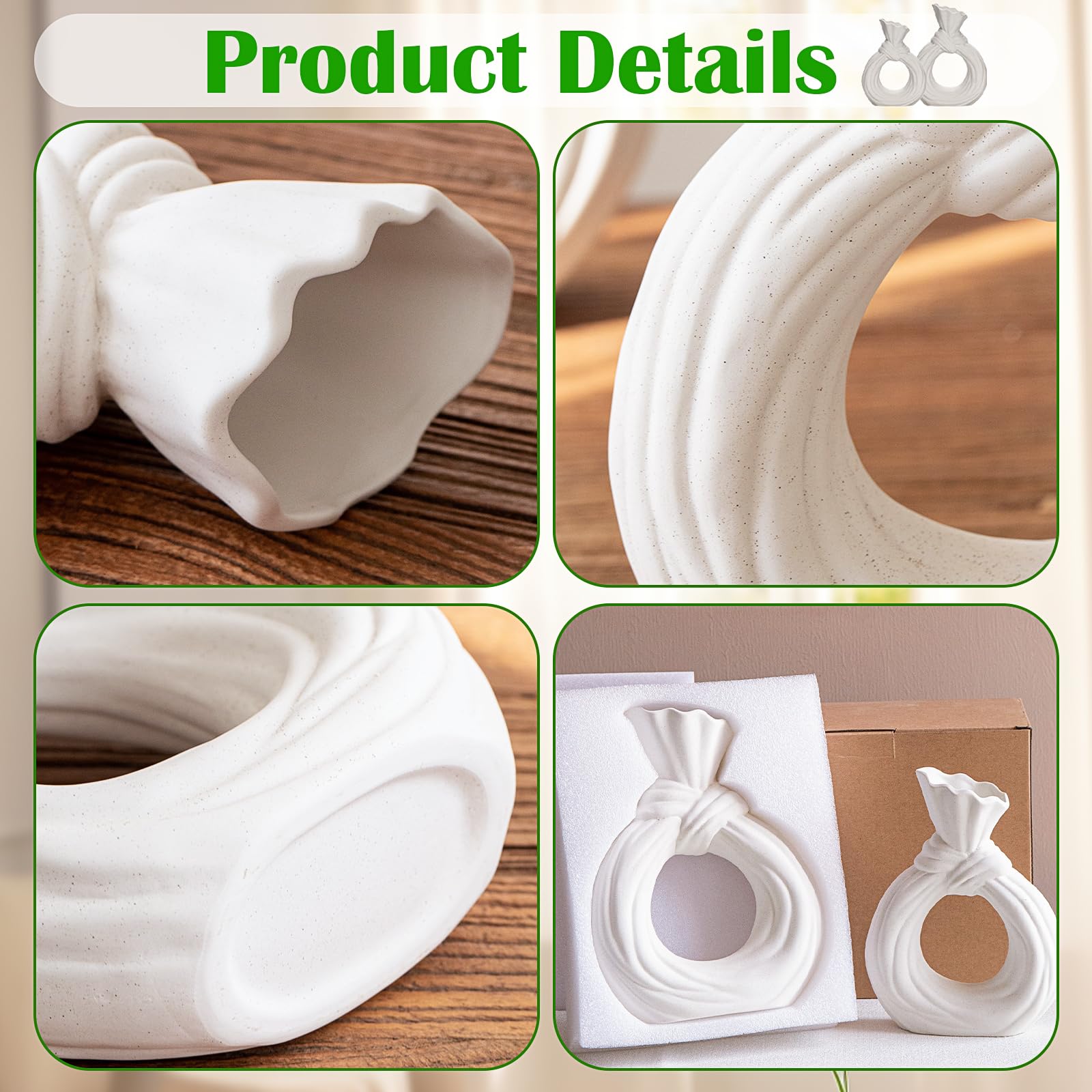 White Ceramic Vases Set of 2 - Modern Nordic Boho Style Hollow Donut Vases for Home Decor | Minimalist Flower Vases for Living Room, Bedroom & Office | Perfect Wedding, Housewarming Gift