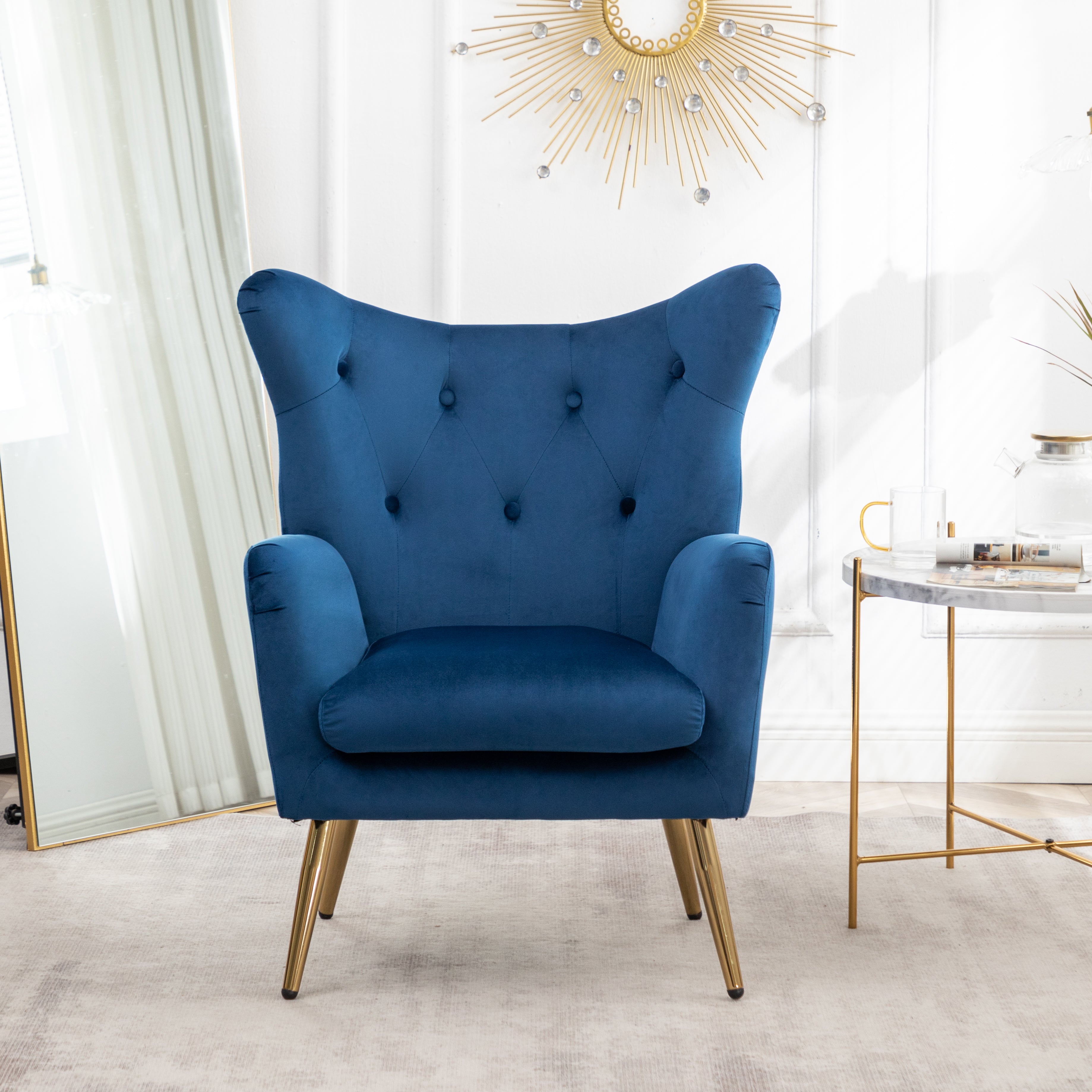 Roundhill Furniture Sovarol Velvet Button Tufted Wingback Accent Chair - Blue Velvet Upholstered Living Room Chair for Home Office, Bedroom & Lounge Decor