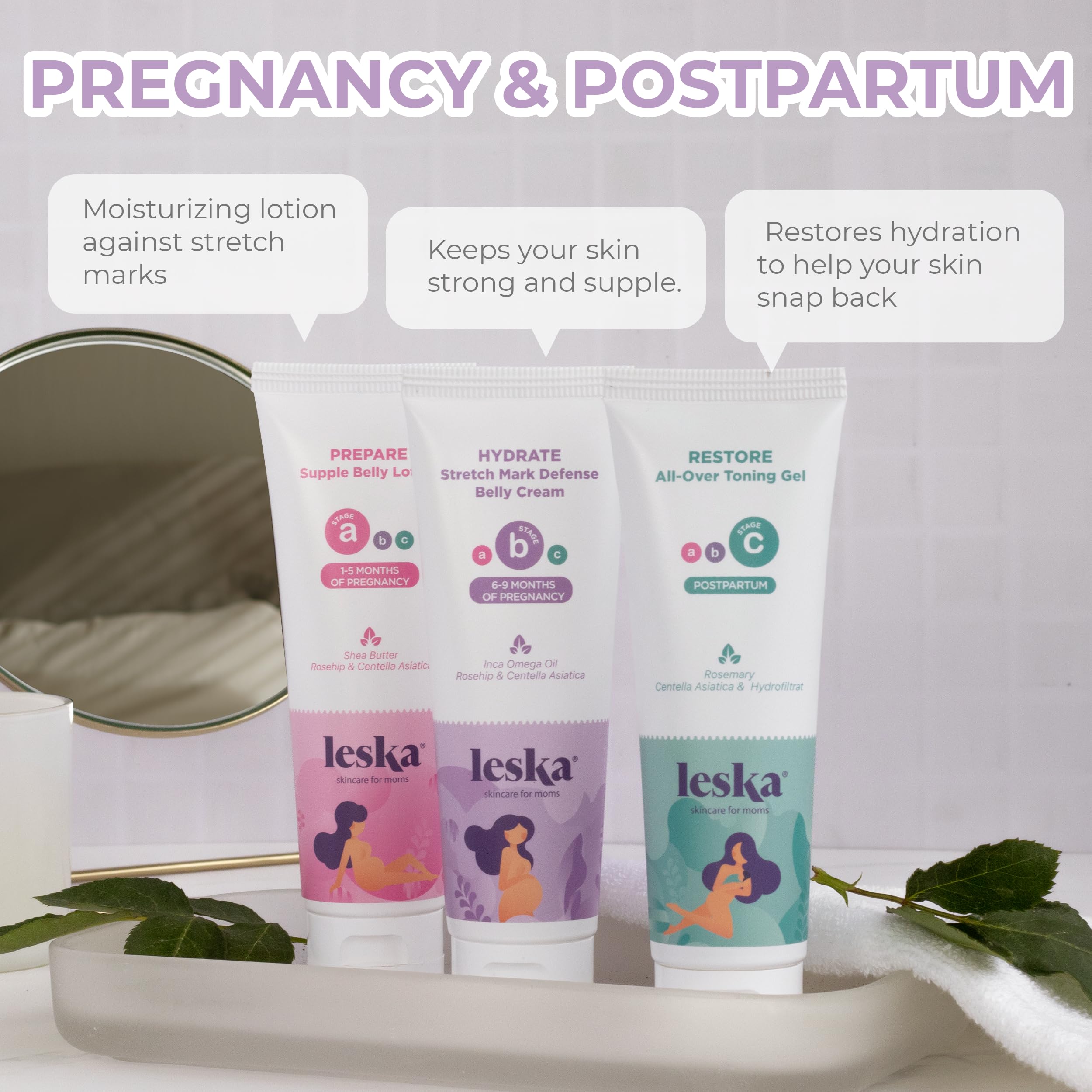 Leska Maternity Skincare Set - Stretch Mark Cream, Belly Butter & Toning Gel for Pregnancy & Postpartum Care | 3-Piece 4oz Kit for All Trimesters | Perfect New Mom Gift for Dry Skin Relief & Body Hydration | Use During Pregnancy, After Delivery & Nursing Period