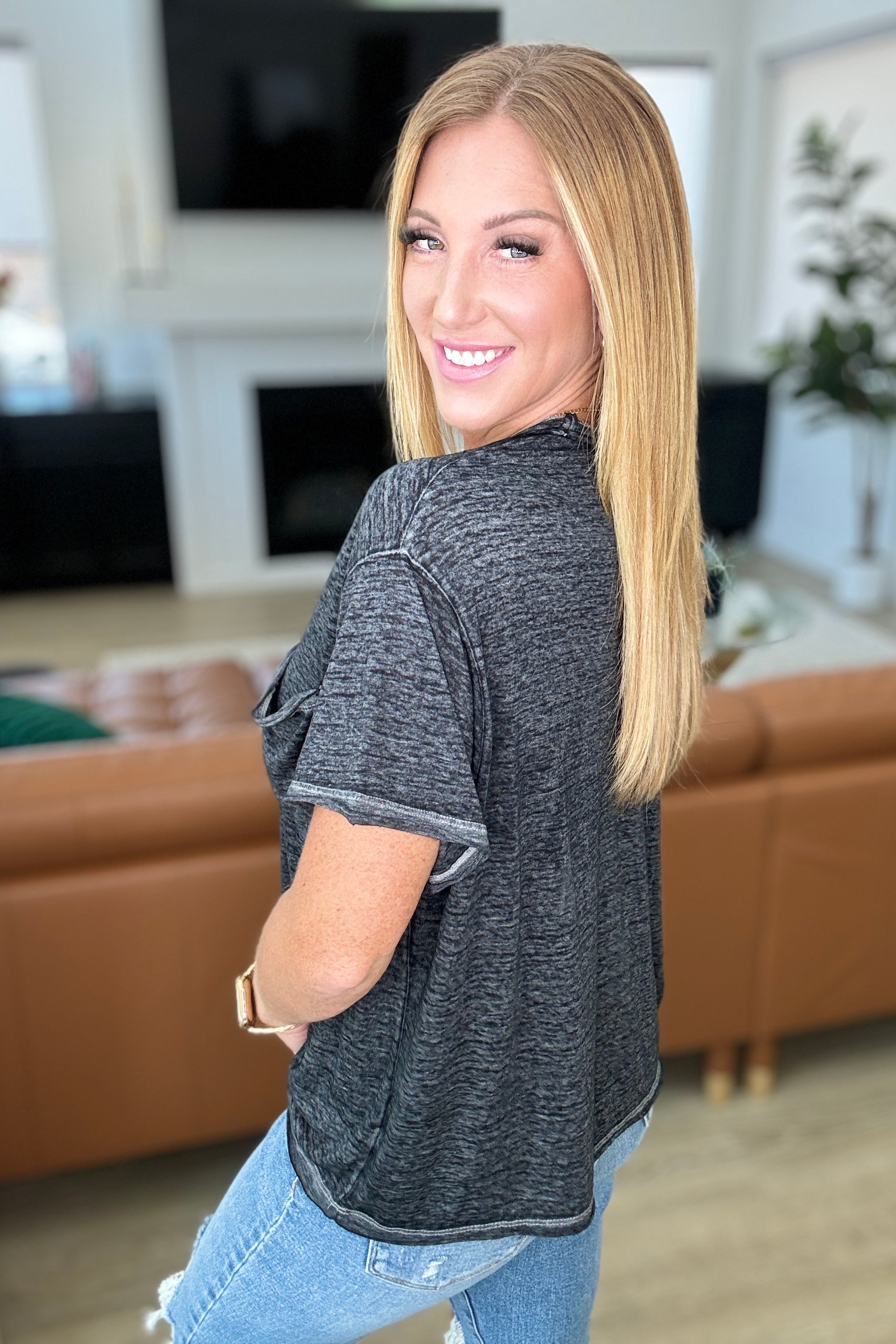 Close to Myself Patch Pocket Tee in Ash Black - Stylish Casual T-Shirt for Women | Perfect for Everyday Wear, Outings & Layering