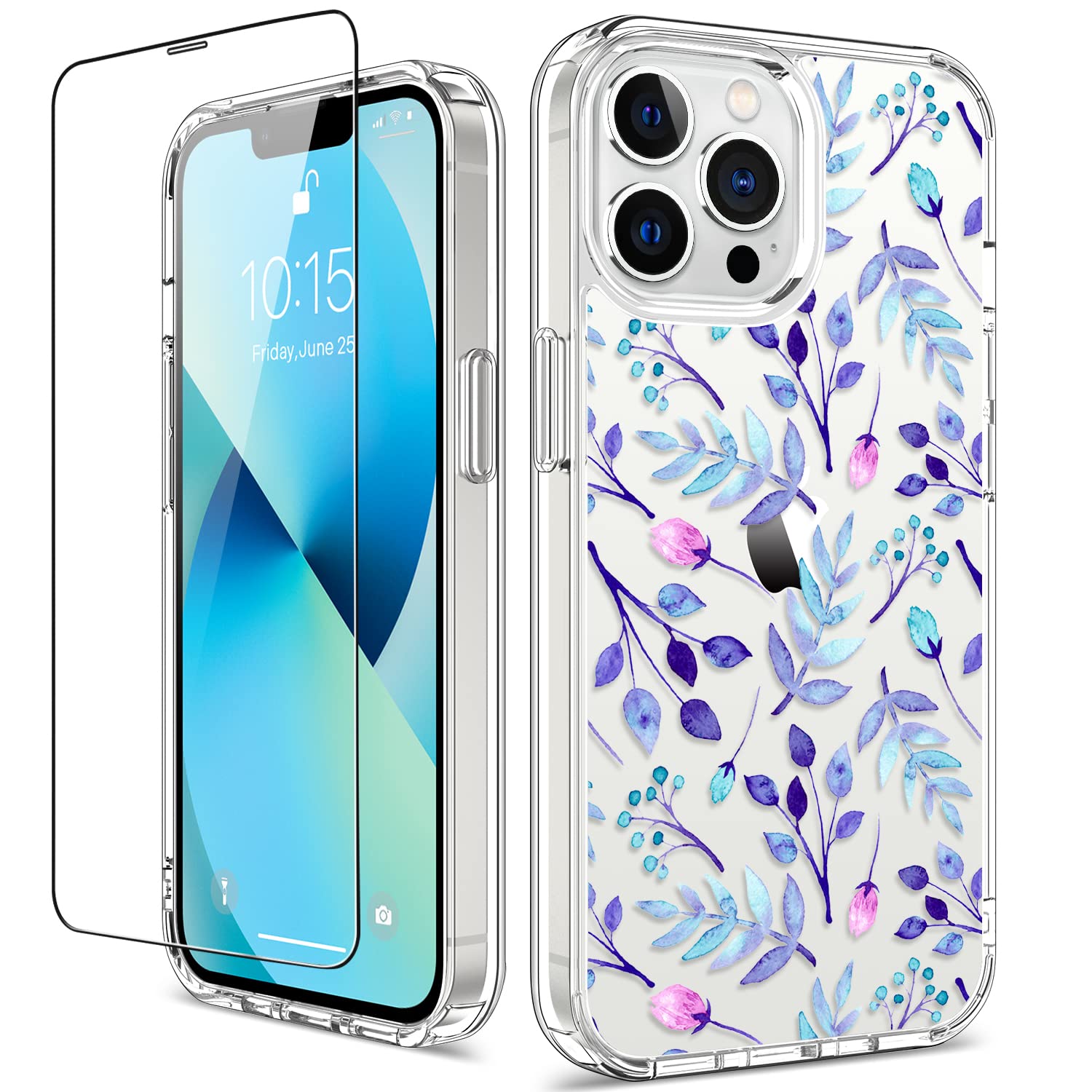 GiiKa iPhone 13 Pro Max Case with Screen Protector - 6.7 Inch Clear Shockproof Protective Case for Women, Floral Design Hard Phone Cover with TPU Bumper - Perfect for Everyday Use, Work, and Travel (Blue Floral)