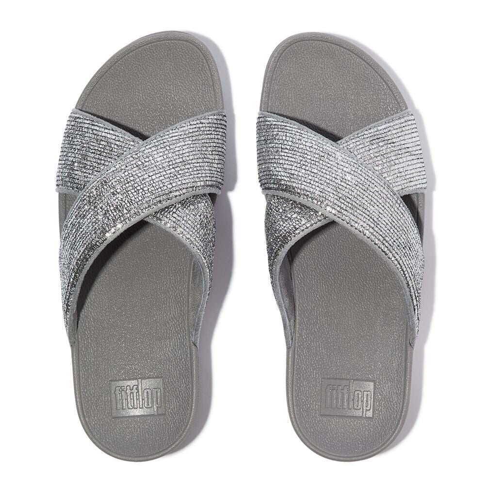 FitFlop Lulu Crinkled Shimmer Cross Slides Sandals for Women - Comfortable Metallic Silver Flip Flops | Perfect for Beach, Pool, and Summer Outfits