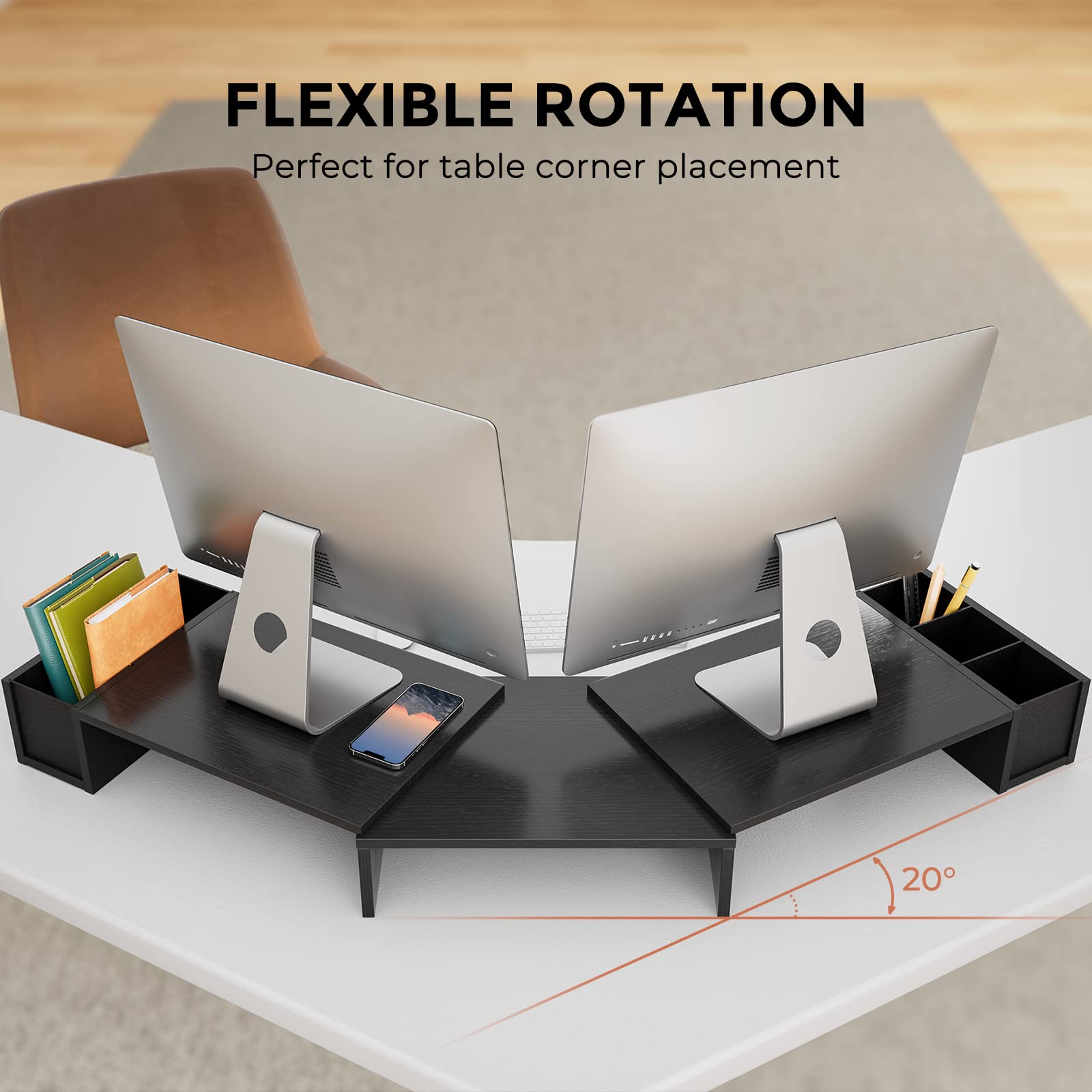 LORYERGO Adjustable Dual Monitor Stand with Laptop Holder & Storage Slots - Ergonomic Height & Angle Adjustment for Home & Office Workspace