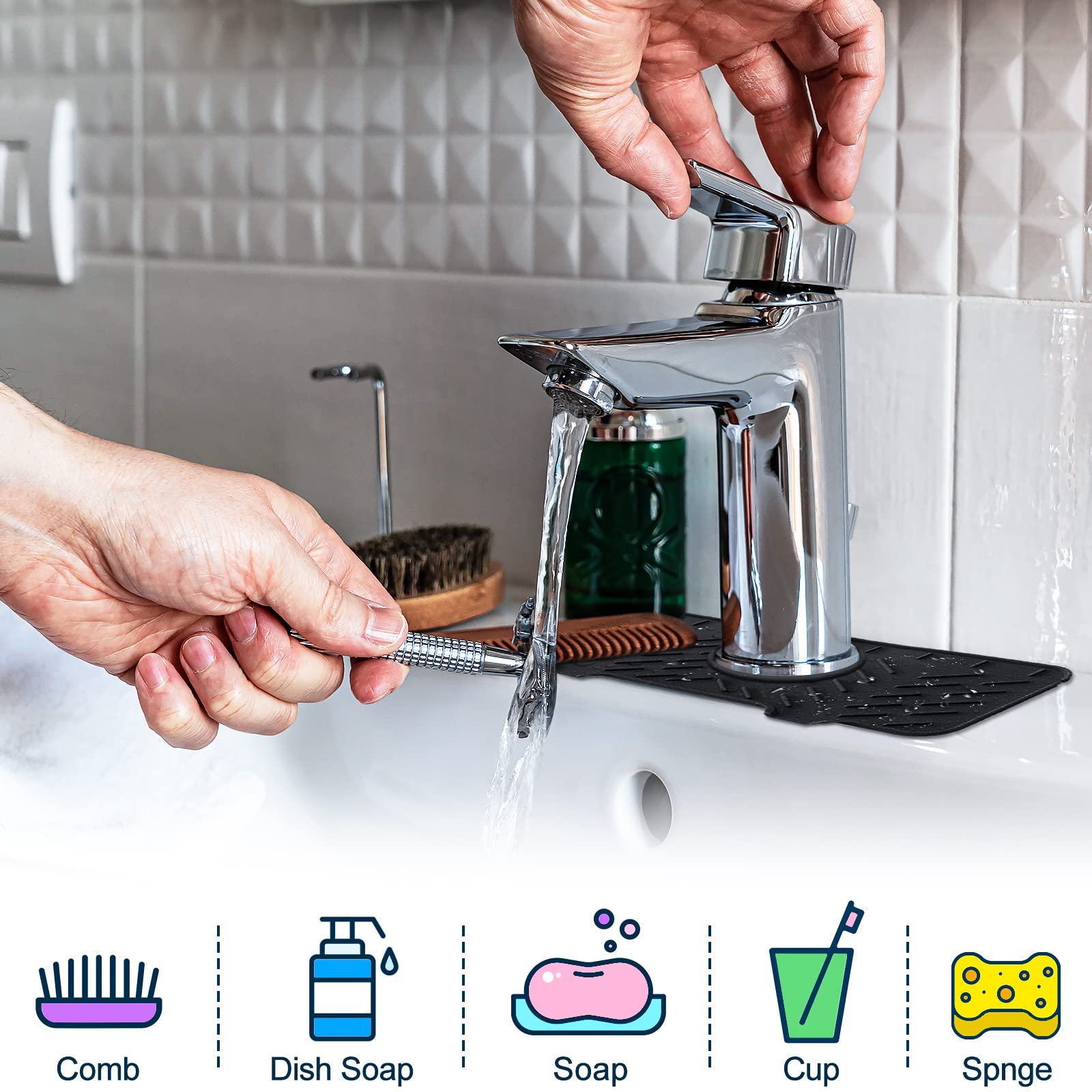 2 Pack Silicone Kitchen Sink Splash Guard - Non-Slip Faucet Splash Catcher & Draining Pad for Kitchen, Bathroom, Bar, RV - Perfect for Washing Dishes, Food Prep & Handwashing to Keep Countertops Dry