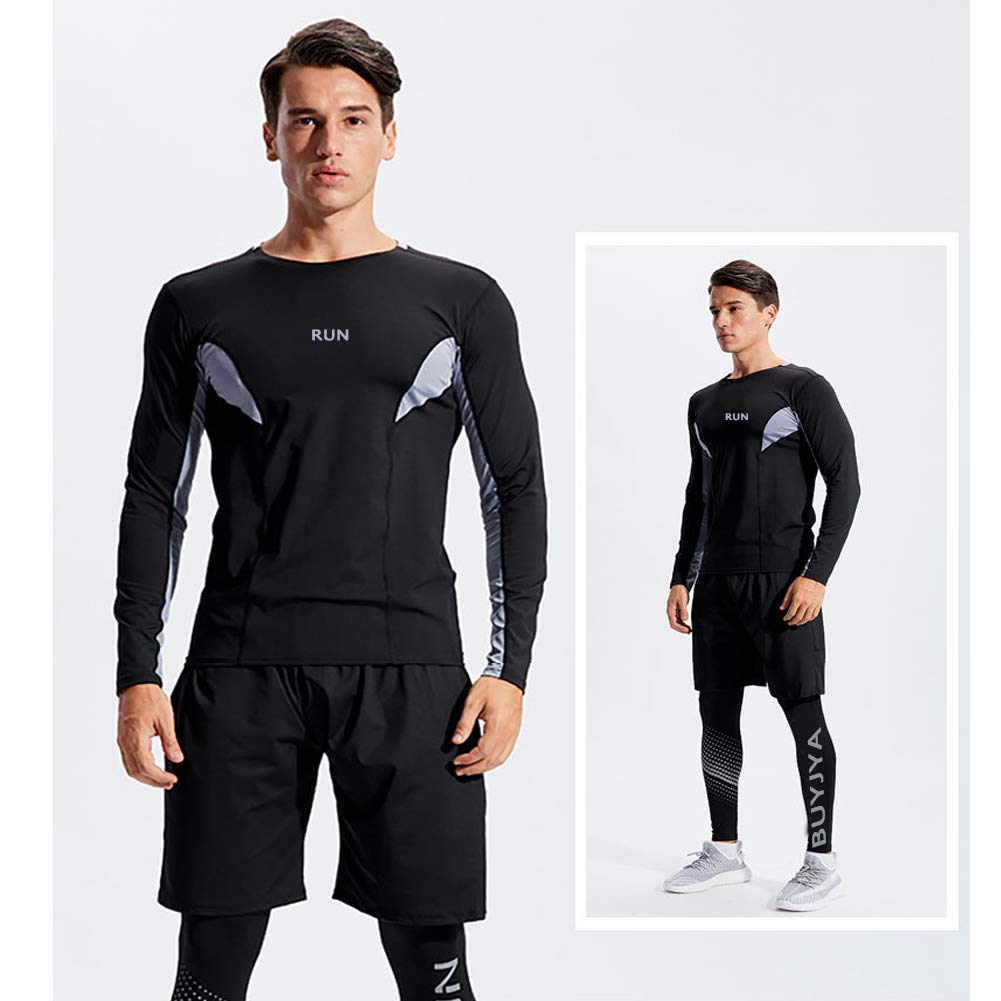 BUYJYA 5-Pack Men's Compression Workout Set - Long Sleeve Shirt & Pants for Gym, Running, Training & Sports | Moisture-Wicking Athletic Clothing for Men