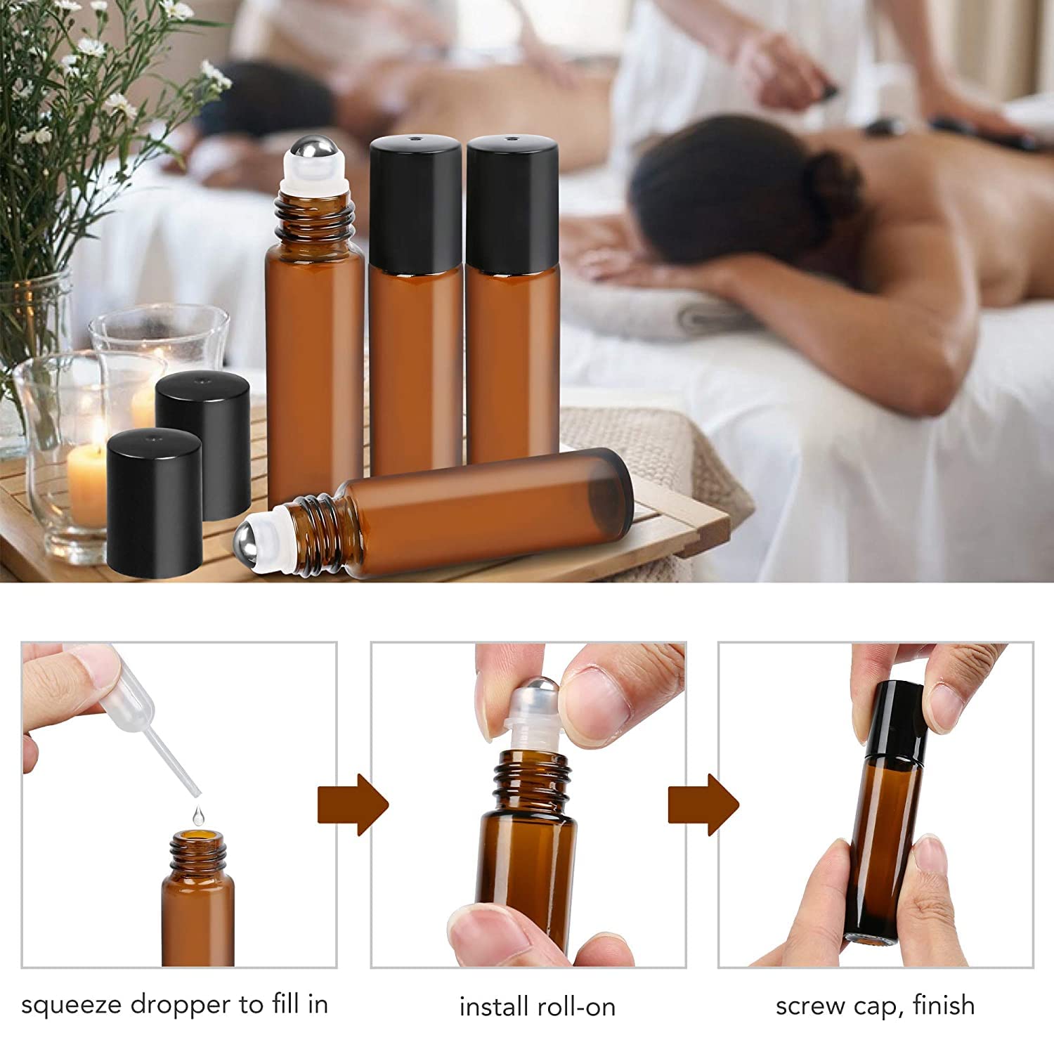 Hunky Dory 3-Piece 10ml Amber Glass Essential Oil Roller Bottles with Stainless Steel Roller Balls - Leakproof Roll-On Perfume & Under Eye Serum Bottles for Aromatherapy, Skincare & Beauty Use