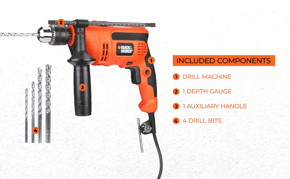 Black & Decker KR554RE 550-Watt 13mm Variable Speed Reversible Hammer Drill - Powerful Corded Electric Drill for Wood, Metal & Masonry - Perfect for DIY Projects, Home Repairs & Construction Work