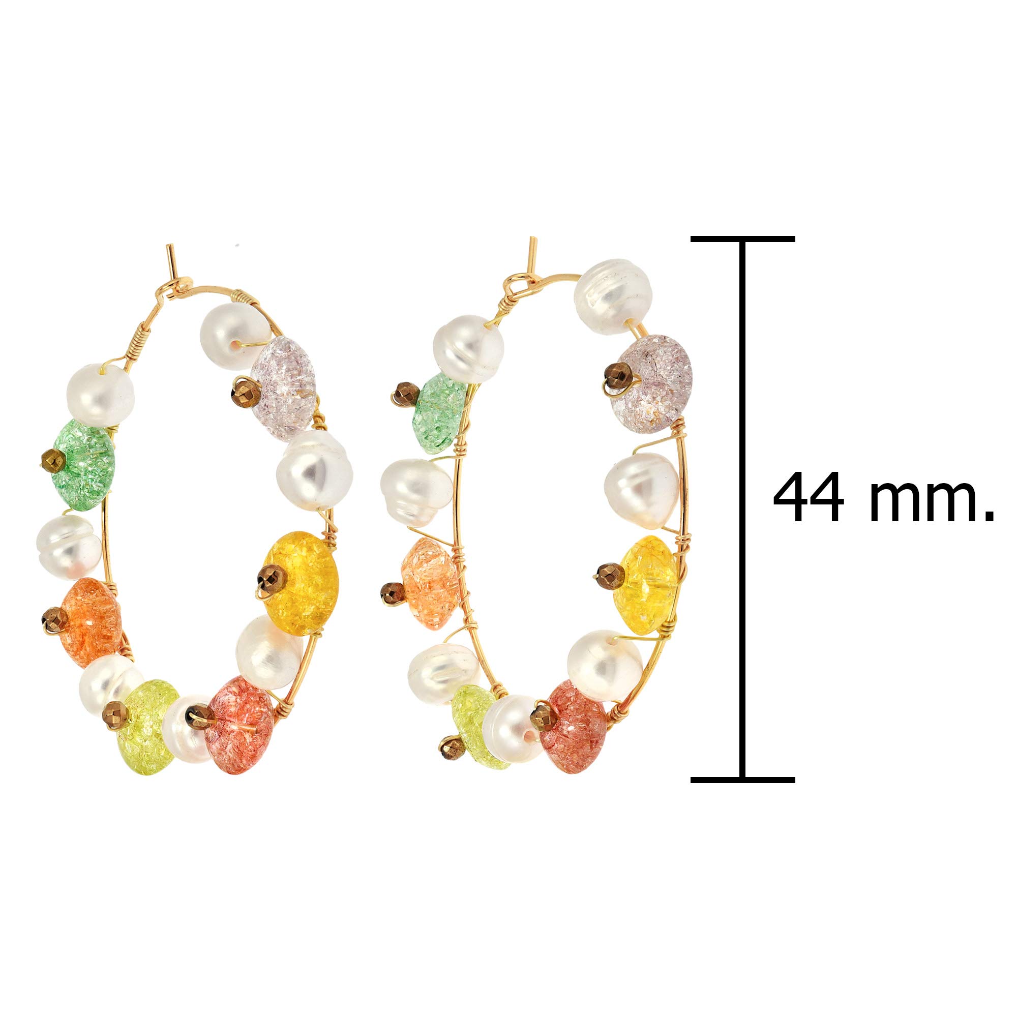 Chic Candy Colored Cultured Freshwater Pearl & Simulated Quartz Brass Hoop Earrings for Women - Elegant Boho Jewelry for Parties, Weddings & Everyday Wear