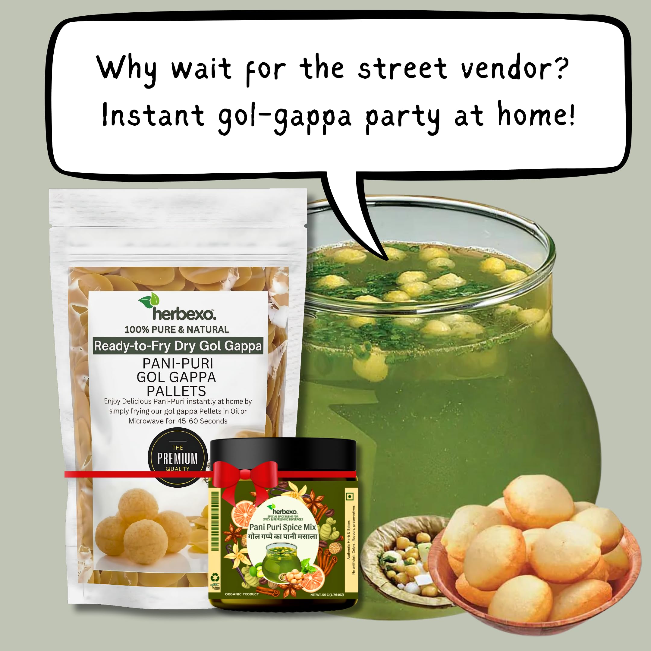 **Herbexo Pani Puri Ready-to-Fry/Bake Pellets (250g) - Instant Golgappa Papdi with Free Pani Masala Mix | Authentic Indian Street Snack | Microwave & Air Fryer Friendly | Perfect for Parties, Quick Snacks & Family Gatherings**