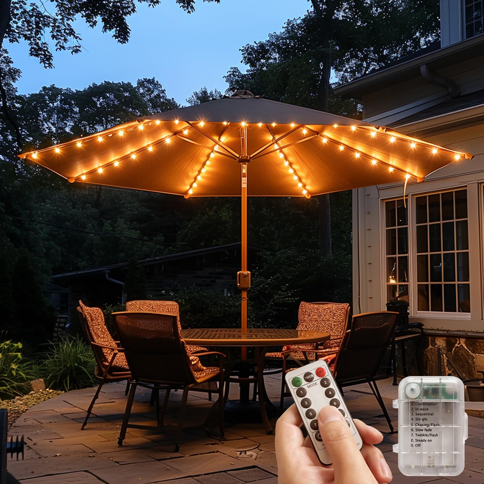 120 LED Cordless Patio Umbrella Lights with Remote Control - Battery Operated Outdoor Umbrella Lighting for 7-11 Feet - Warm White Ambient Light for Backyard, Pool, Beach & Garden Decor (Perfect for Evening Gatherings & Outdoor Dining)
