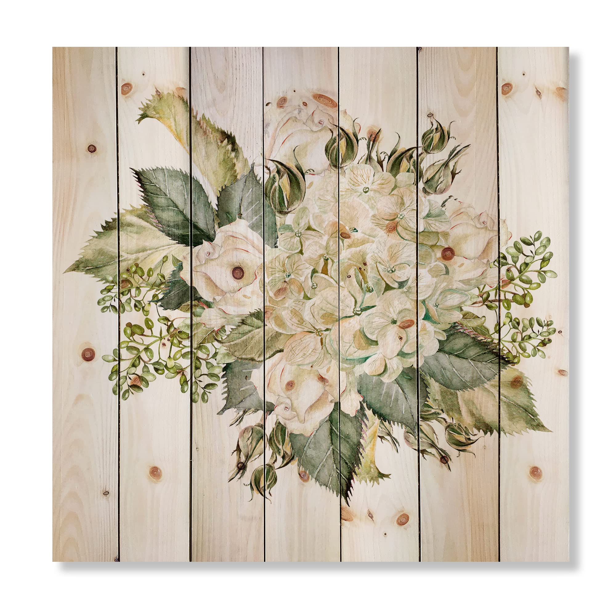 Farmhouse Wood Wall Decor - Large Floral Wood Panel with Hydrangea and Roses, Natural Pine Wood Art, Green Botanical Wall Hanging for Living Room, Bedroom & Home Office Decor