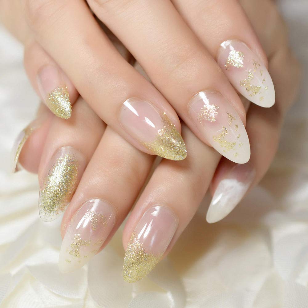 Elegant French Tip False Nails - White & Gold Almond Oval Fake Nails for Daily Wear, Party & Special Occasions | Easy DIY Nail Art Tips