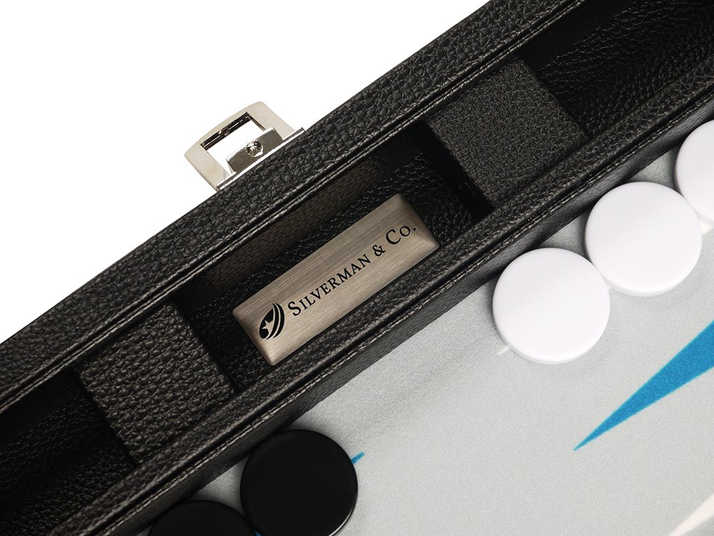 Premium 13-inch Travel Backgammon Set with Black Board & White/Astral Blue Points - Portable Game for Camping, Beach & Family Game Nights