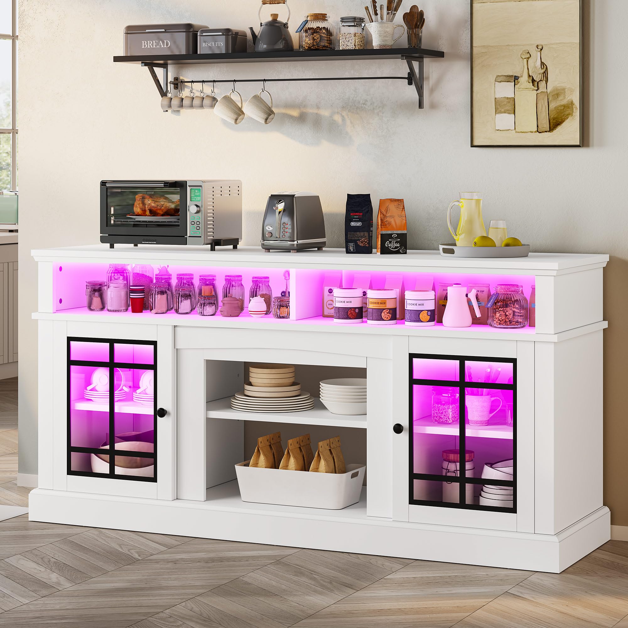 Modern White TV Stand for 75 Inch TVs - Adjustable Shelves & Glass Doors LED Entertainment Center, 32