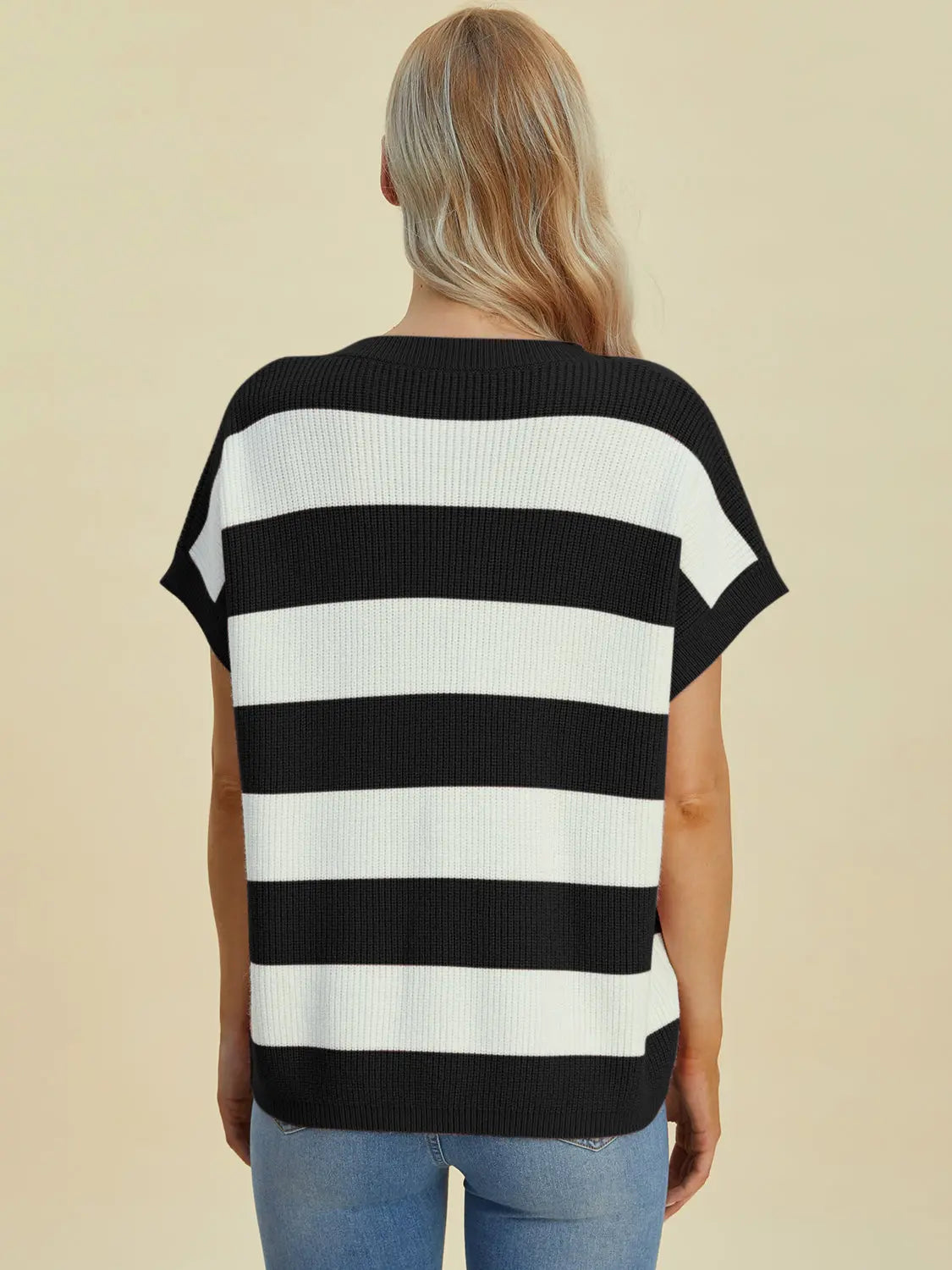 Double Take Full Size Striped V Neck Short Sleeve Sweater for Women - Soft Knit Pullover Casual Top for Spring & Summer Outfits | Office Wear, Date Night, Weekend Brunch
