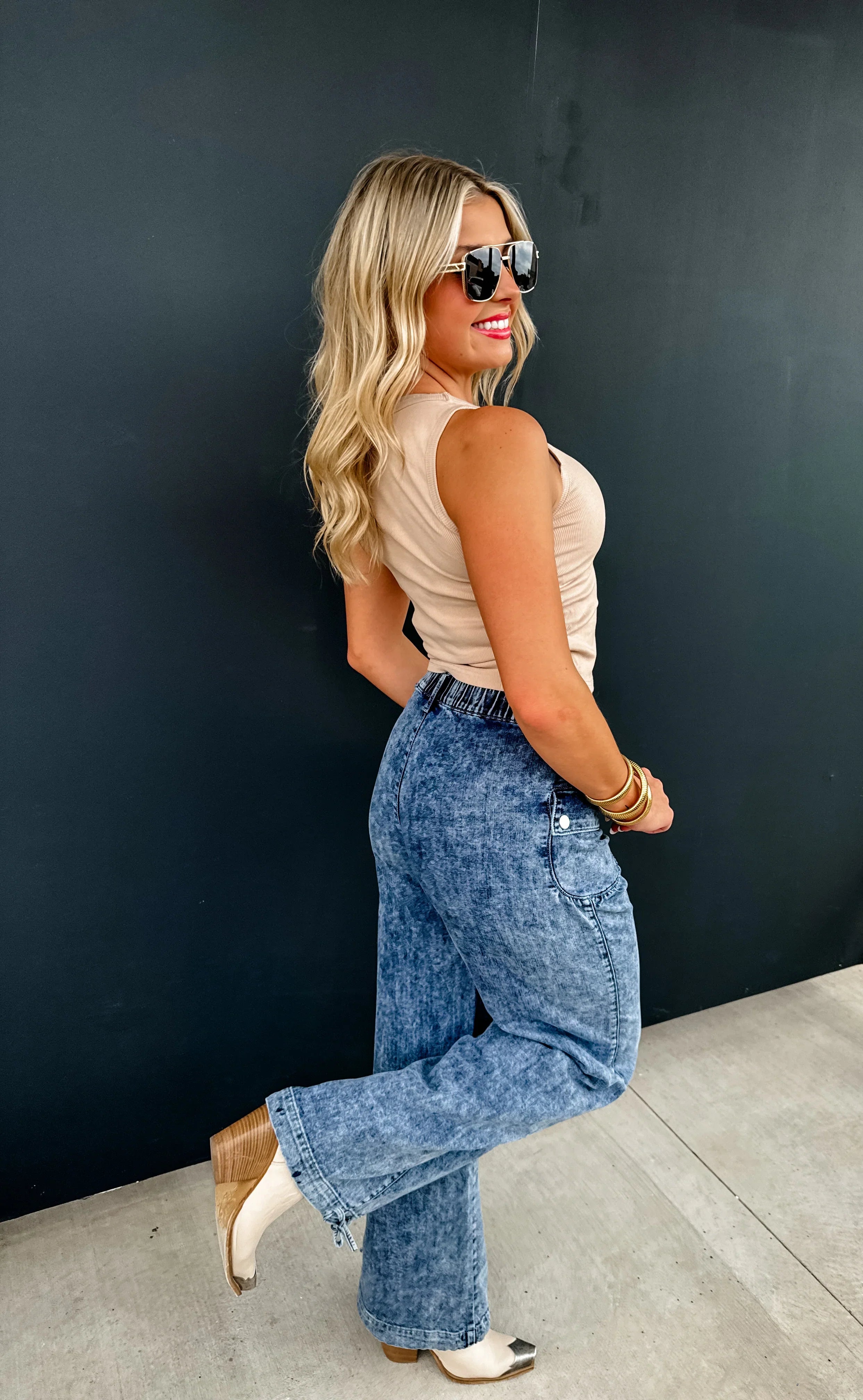 PREORDER: Charlie Cinch Hem Wide Leg Jeans - High Waist Stretch Denim Pants for Women | Casual & Chic Outfit for Everyday Wear