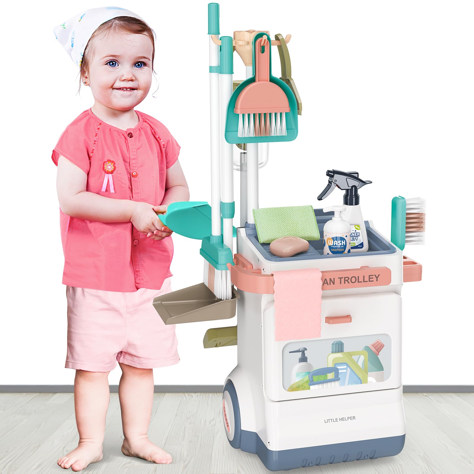 deAO 20-Piece Kids Pretend Play Cleaning Set - Real Working Vacuum Cleaner, Broom & Spray Bottle - Educational Toy Housekeeping Kit for Toddlers Ages 3-5 - Perfect for Role Play, Early Learning & Household Chores Practice