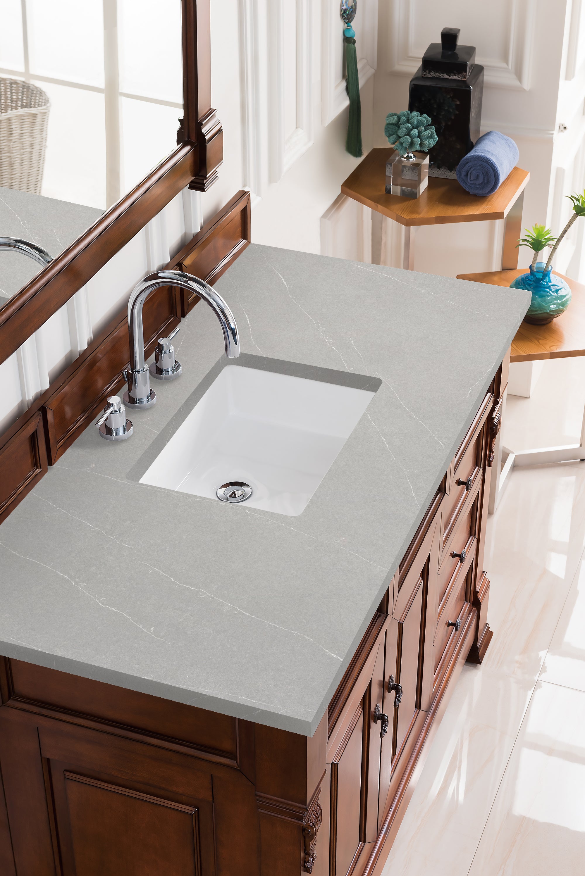 Brookfield 48 Inch Single Bathroom Vanity Set - Warm Cherry Finish with 3CM Eternal Serena Quartz Countertop | Perfect for Modern Bathroom Remodel & Small Space Design