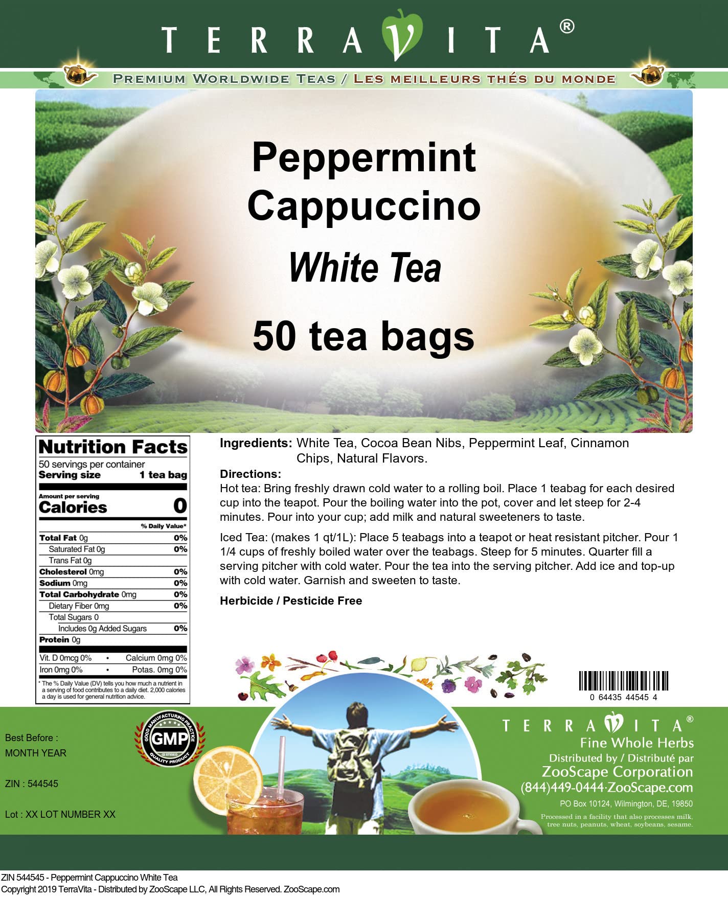 Peppermint Cappuccino White Tea Bags - 50 Count (2 Pack) | Refreshing Herbal Tea Blend for Relaxation & Energy Boost | Perfect for Morning Brew, Afternoon Pick-Me-Up & Evening Soothing