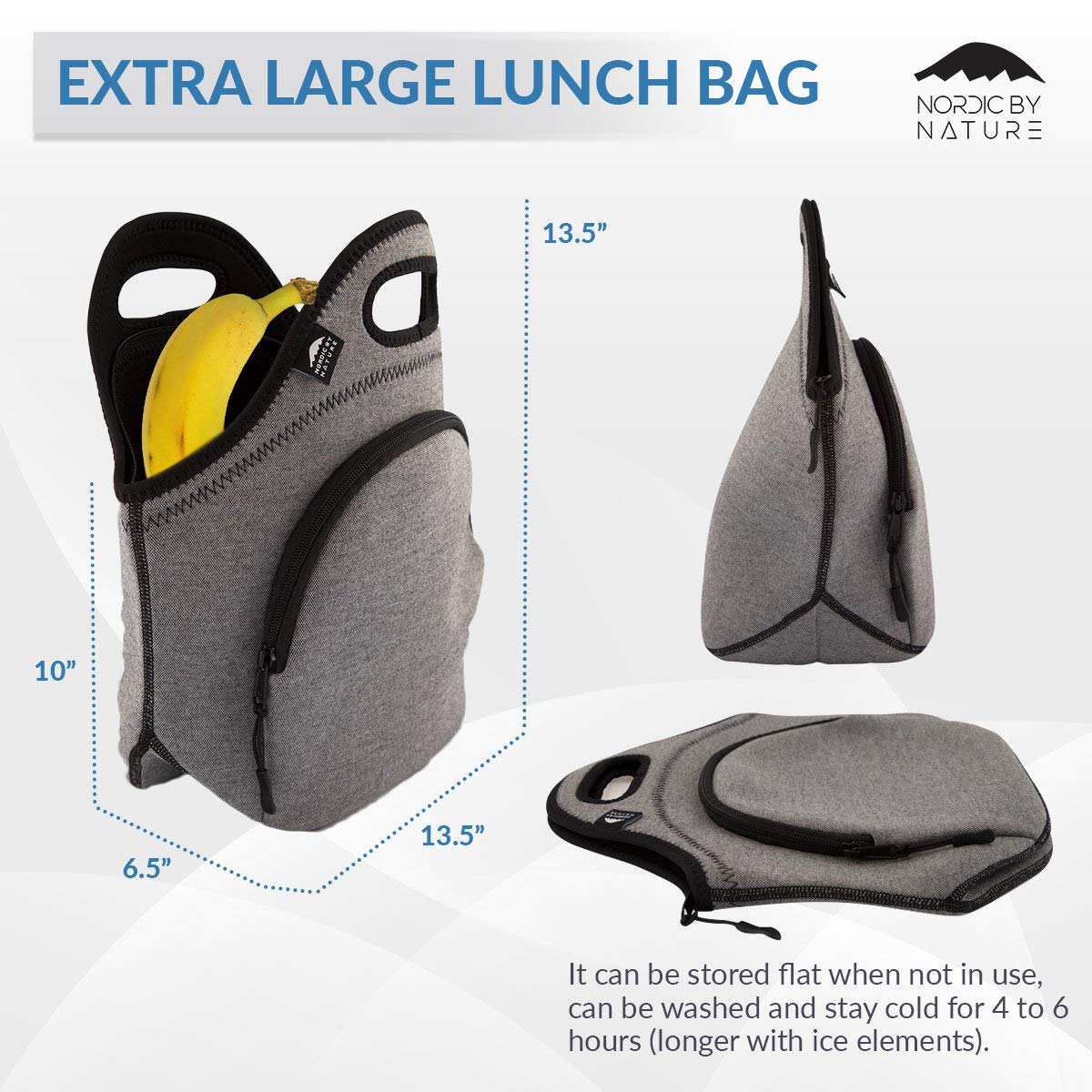 Premium Insulated Lunch Bag for Women & Kids - Large Neoprene Lunch Tote with Soft Cotton Feel, Reusable & Washable, Thick Insulation, Durable Stitching, Outside Pocket (Grey/Black) - Perfect for School, Work, Picnics & Outdoor Activities