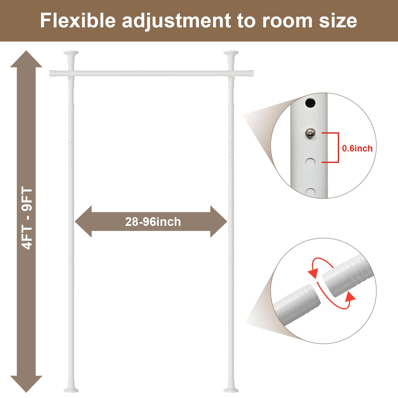 No Drill Tension Curtain Rod Stand - Adjustable 28-96 Inch Width & 4-9ft Height Heavy Duty Metal Room Divider for Windows, Partitions & Room Separation (White) - Perfect for Home Office, Studio Apartments & Temporary Spaces
